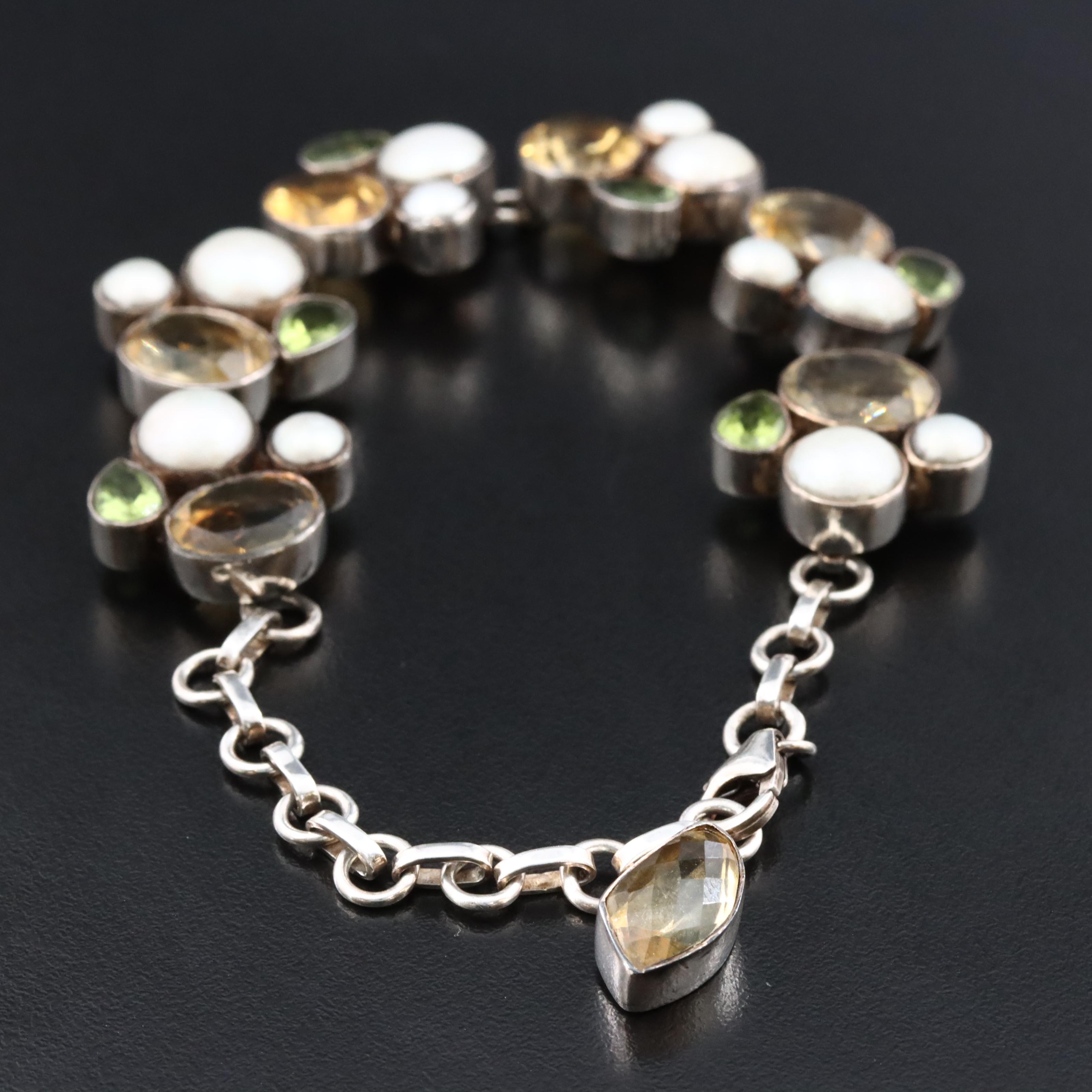 Sterling Pearl, Citrine and Peridot Bracelet