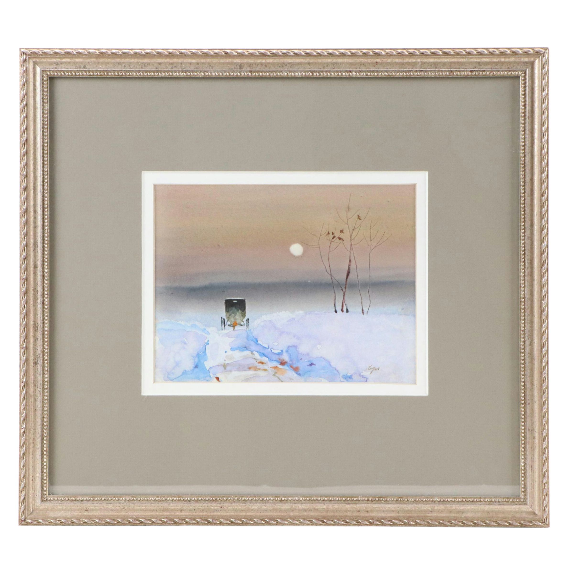 Roger Haas Watercolor Painting of Snowy Landscape With Buggy