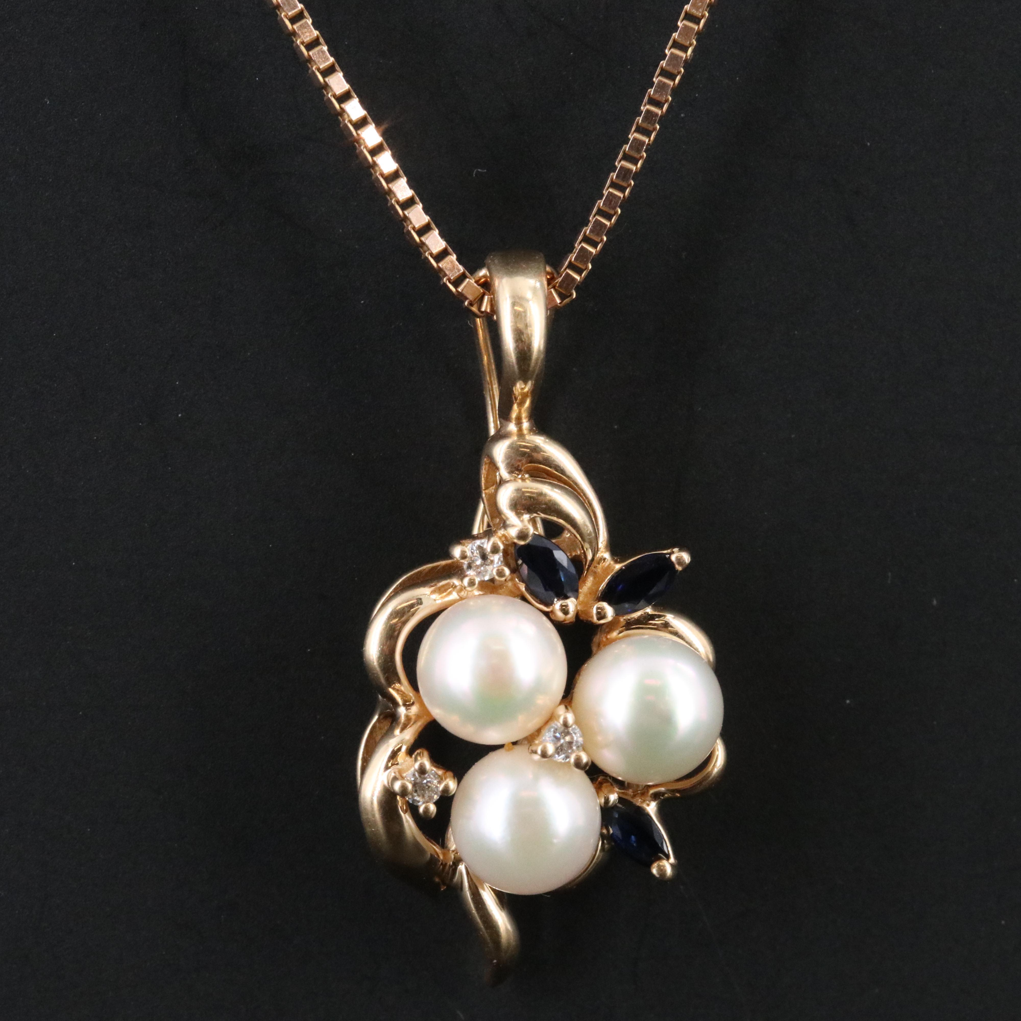 14K Pearl, Sapphire and Diamond Enhancer Pendant Necklace