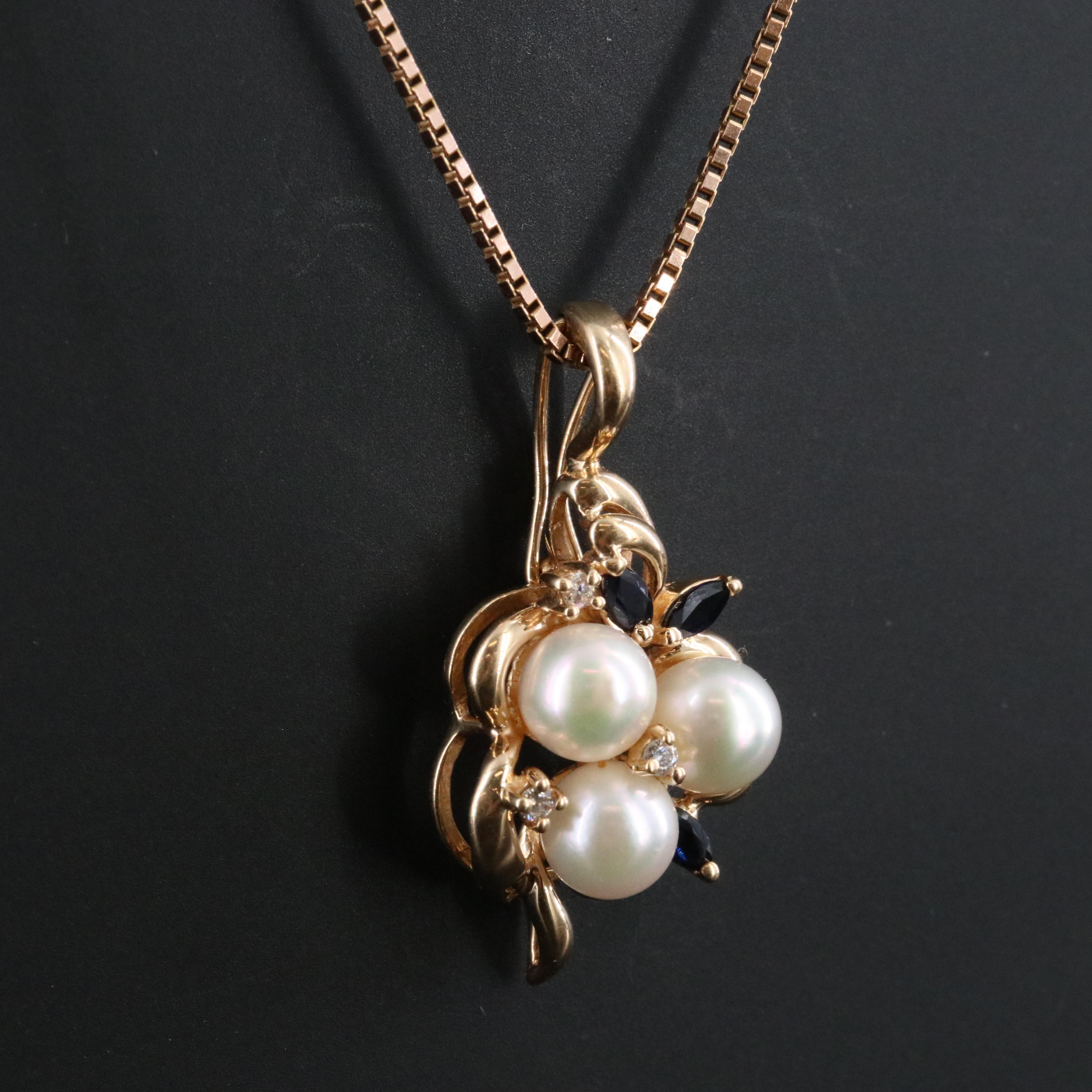 14K Pearl, Sapphire and Diamond Enhancer Pendant Necklace