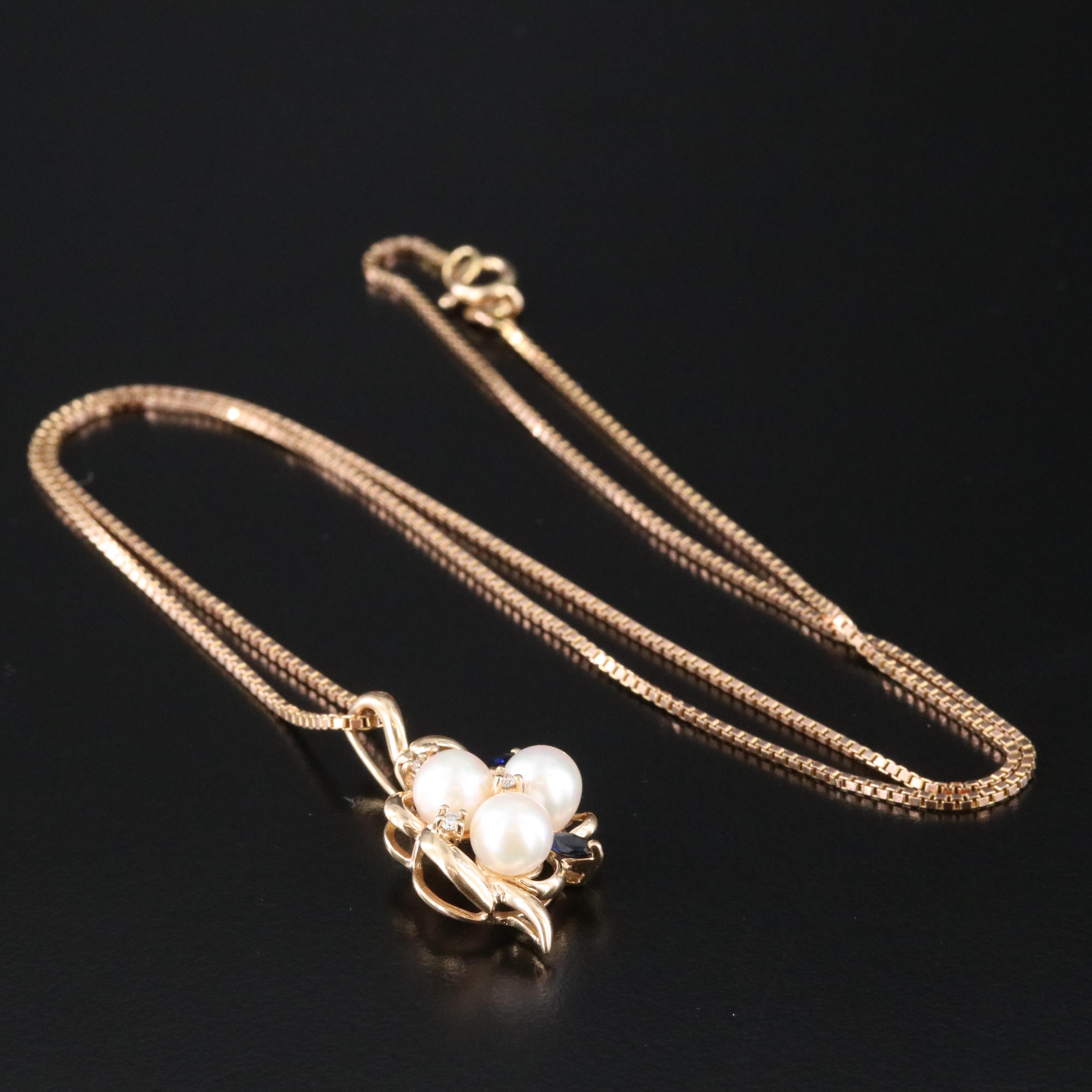 14K Pearl, Sapphire and Diamond Enhancer Pendant Necklace