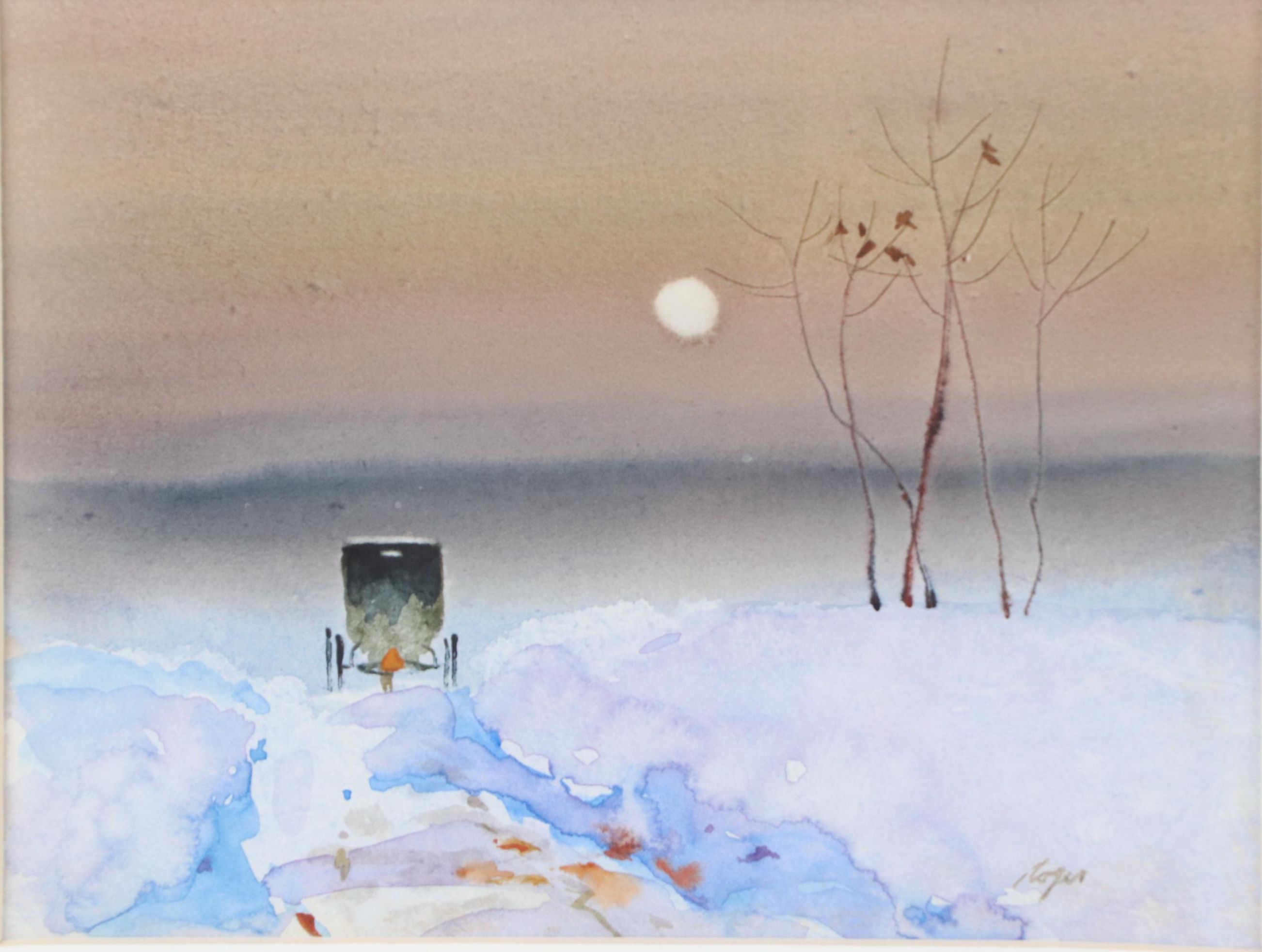 Roger Haas Watercolor Painting of Snowy Landscape With Buggy