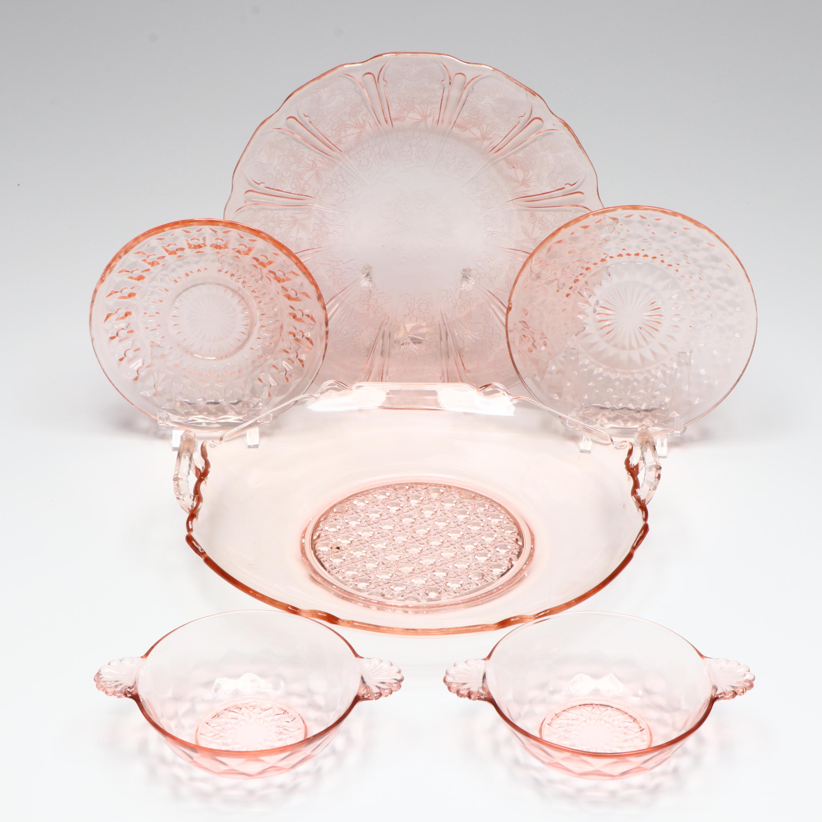 Jeannette "Pink Cherry Blossom" Glass Plate and Other Tableware, Early 20th C.