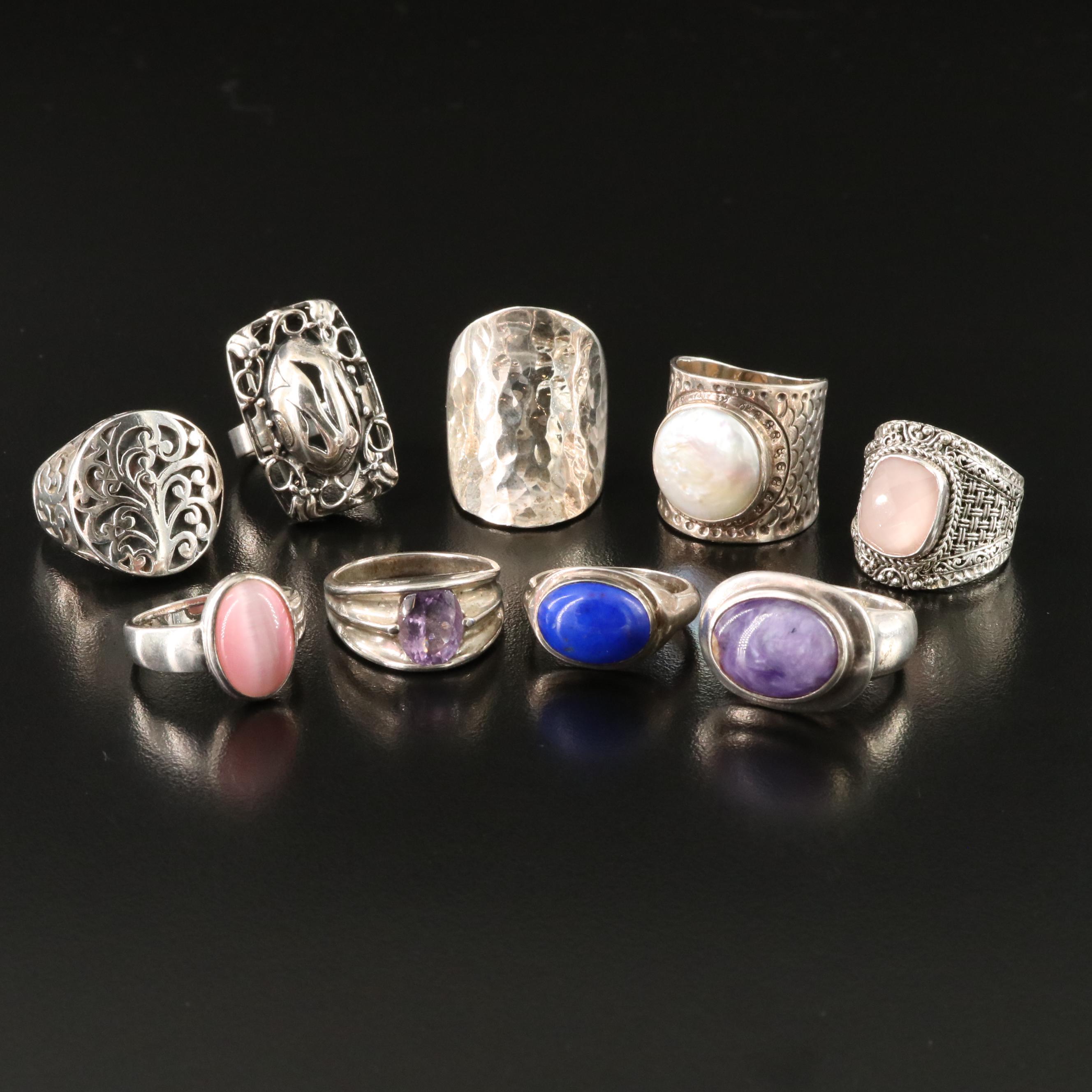 Sarda, Rose Quartz Doublet and Amethyst Featured in Sterling Ring Collection