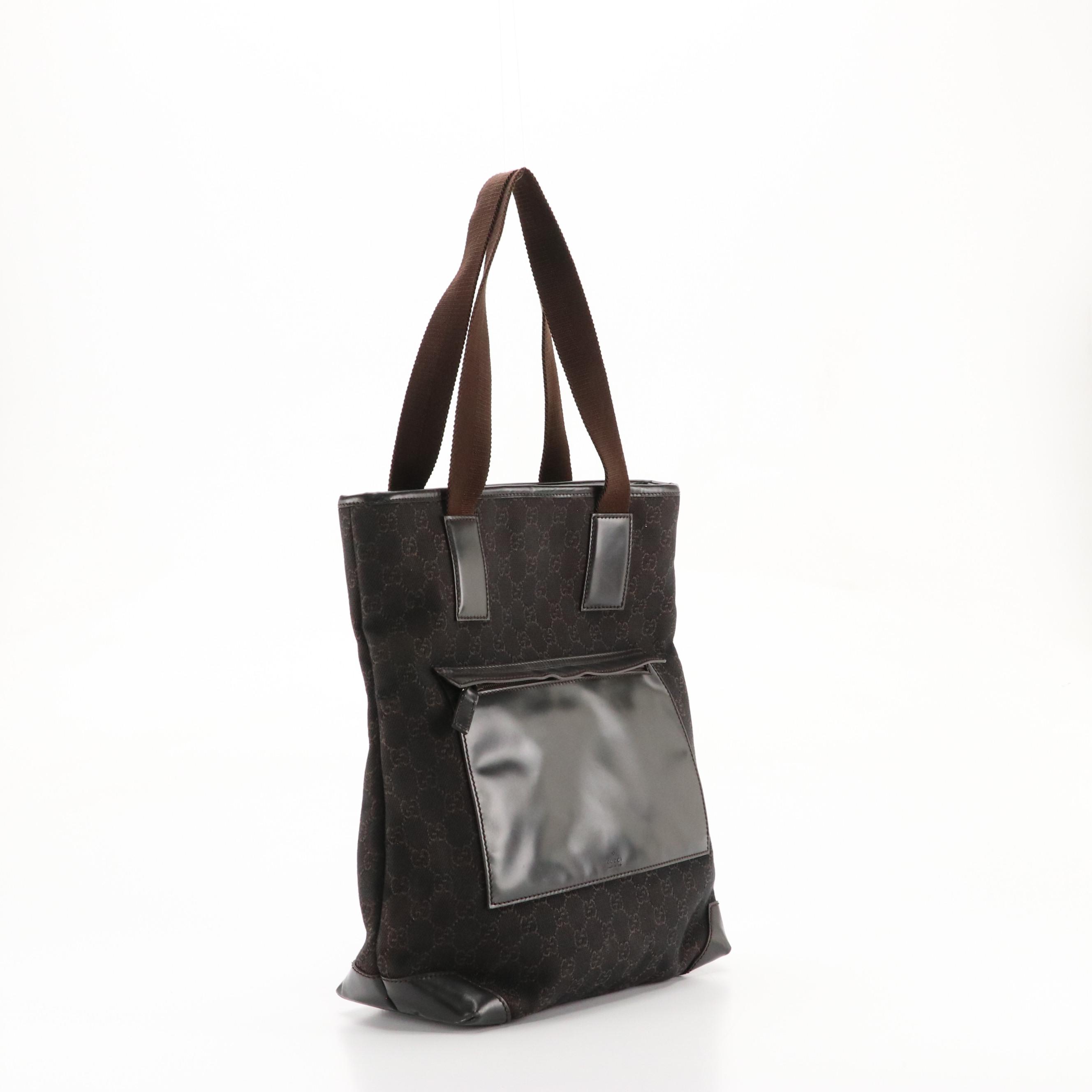 Gucci Front Pocket Zip Shoulder Tote in Dark GG Canvas and Leather