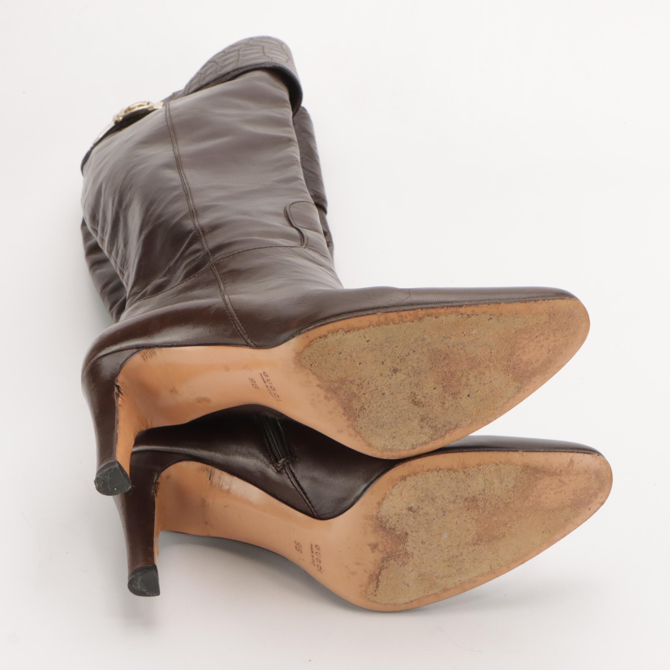 Gucci Knee-High Boots in Chocolate Brown Leather with Croc Embossed Accents