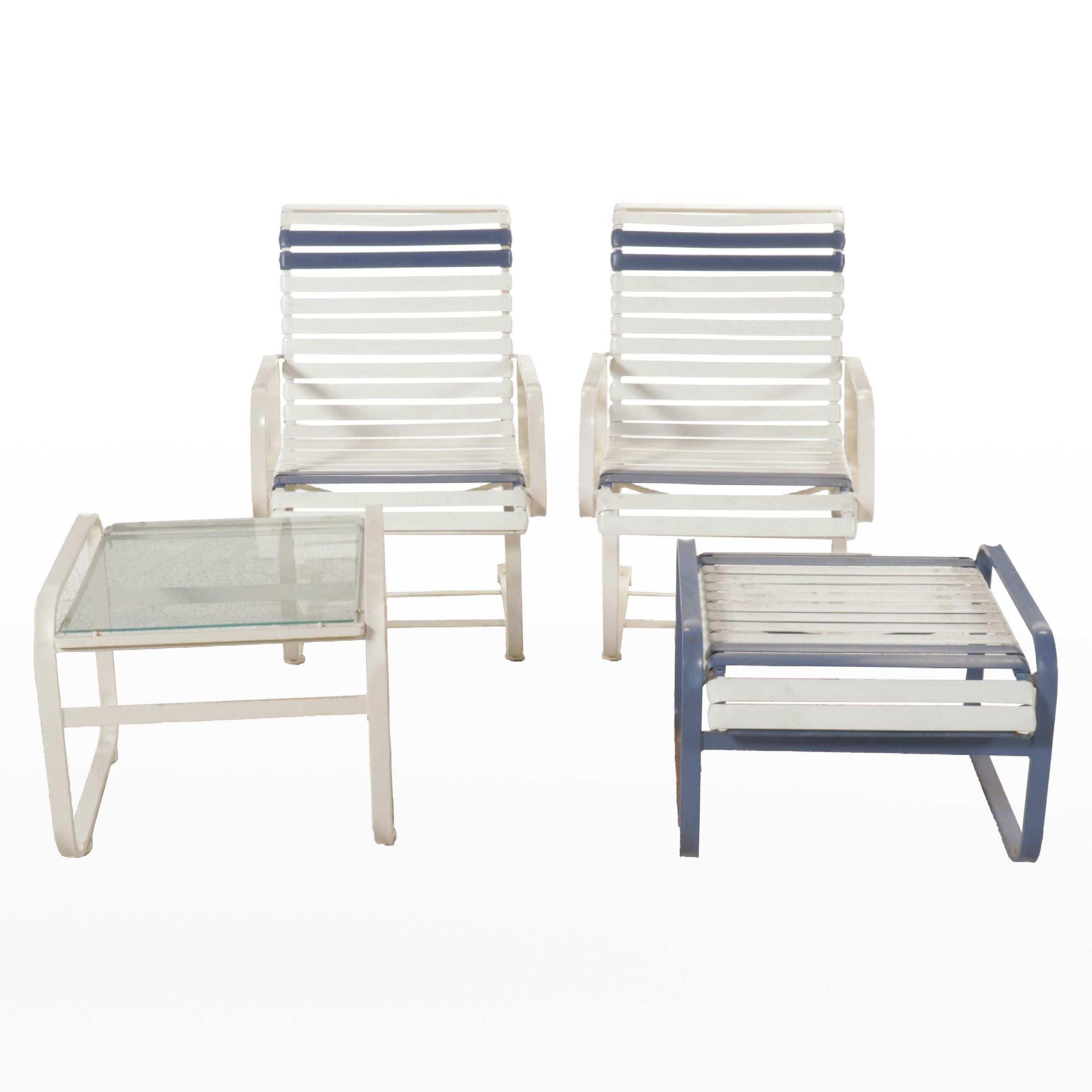 Pair of Cantilevered Aluminum Patio Armchairs with Ottoman and Side Table