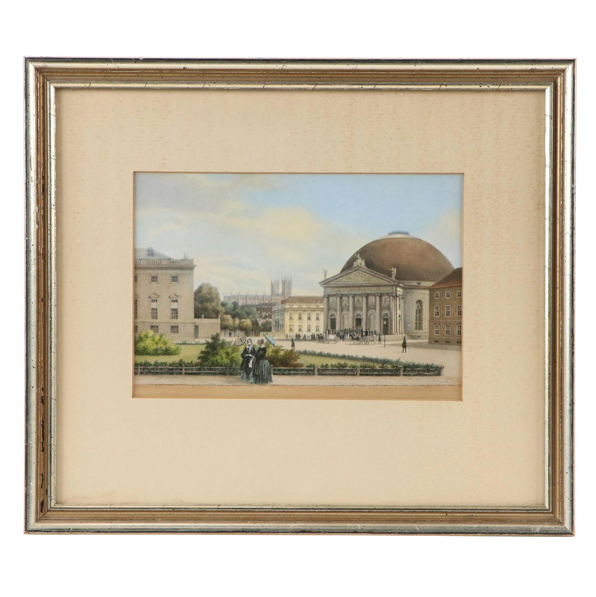Hand-Painted Lithograph After Ludwig E. Lutke "The Catholic Church in Berlin"