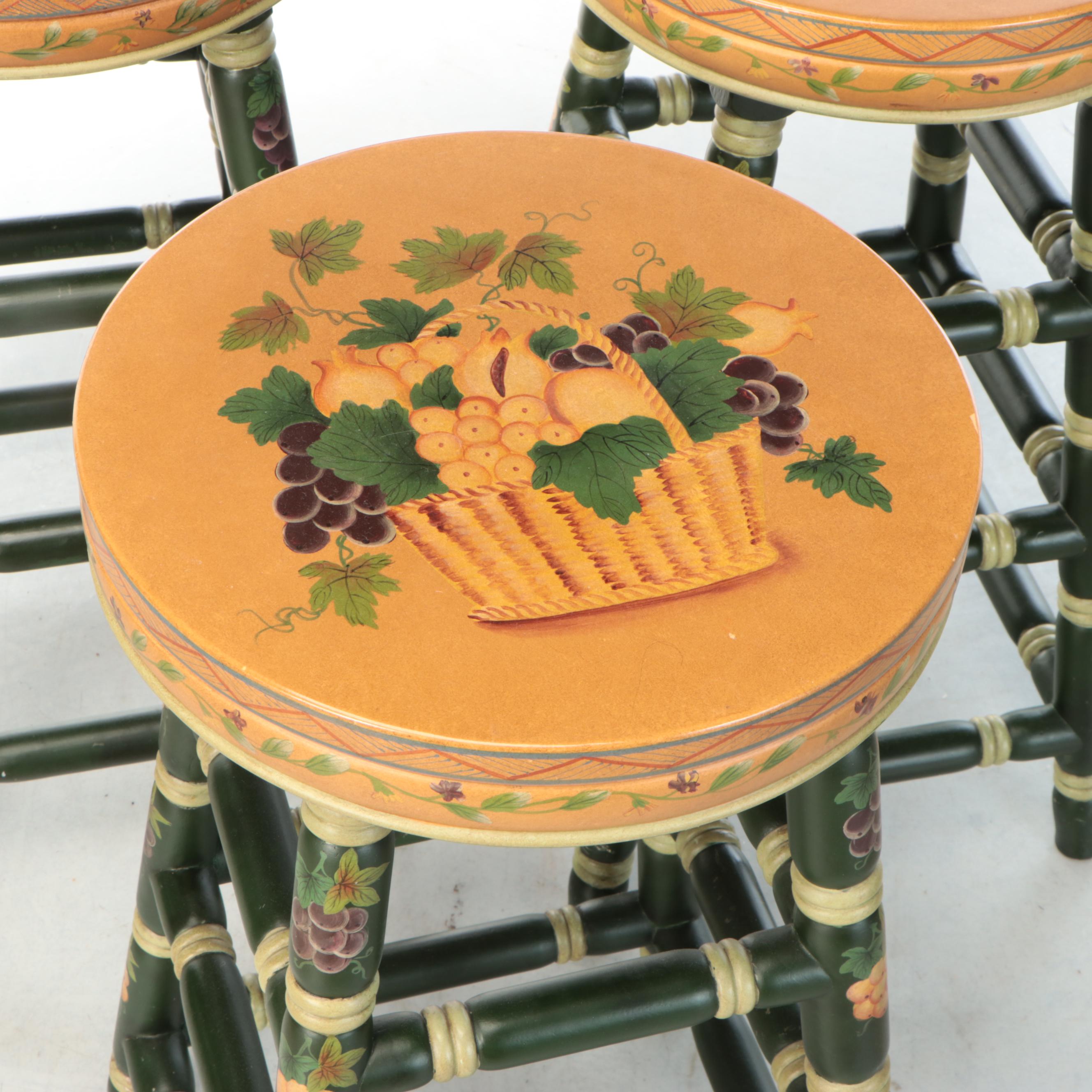 Set of Three Grape Motif Painted Wood Barstools