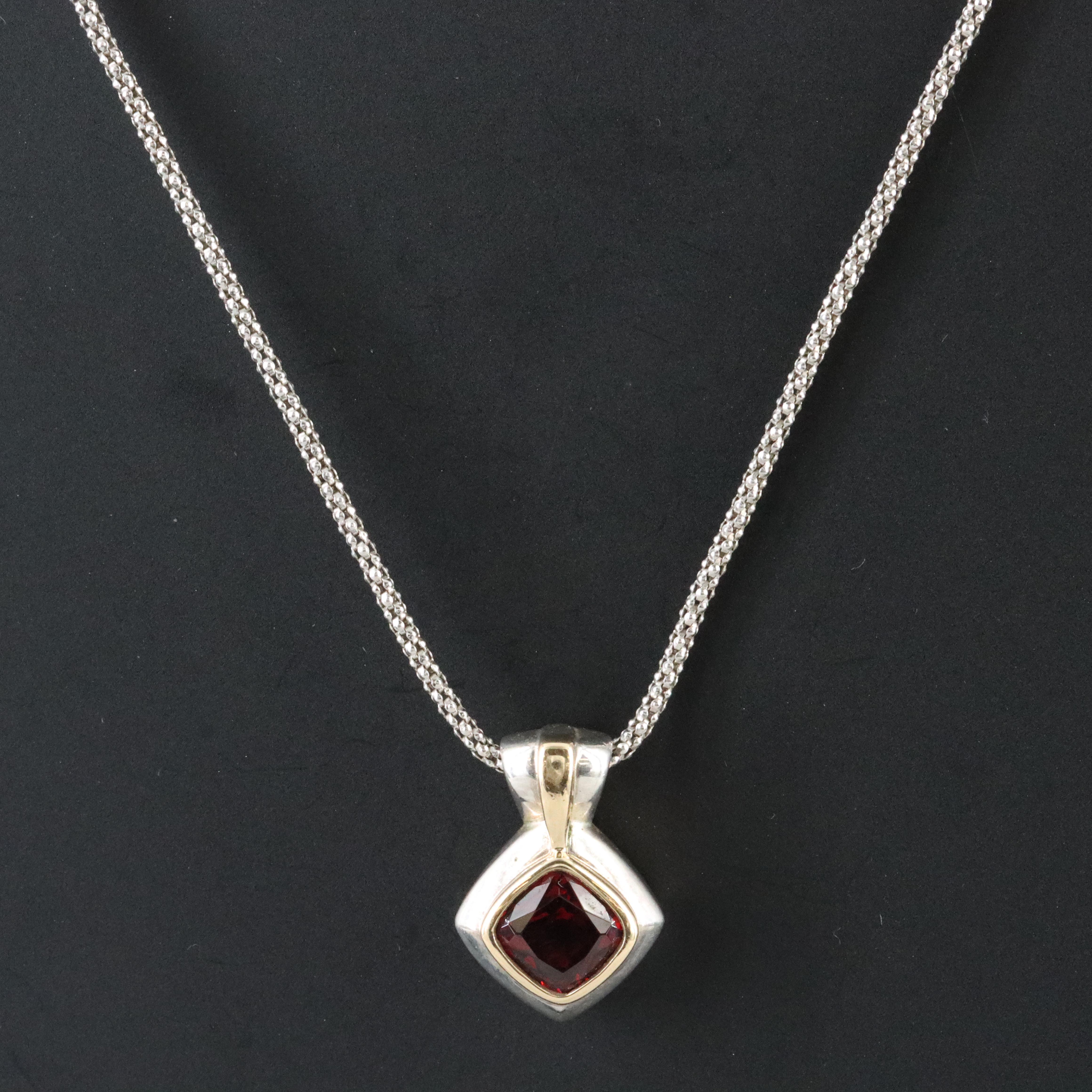 Lorenzo Sterling Garnet Pendant with 18K Accent on Popcorn Chain Necklace