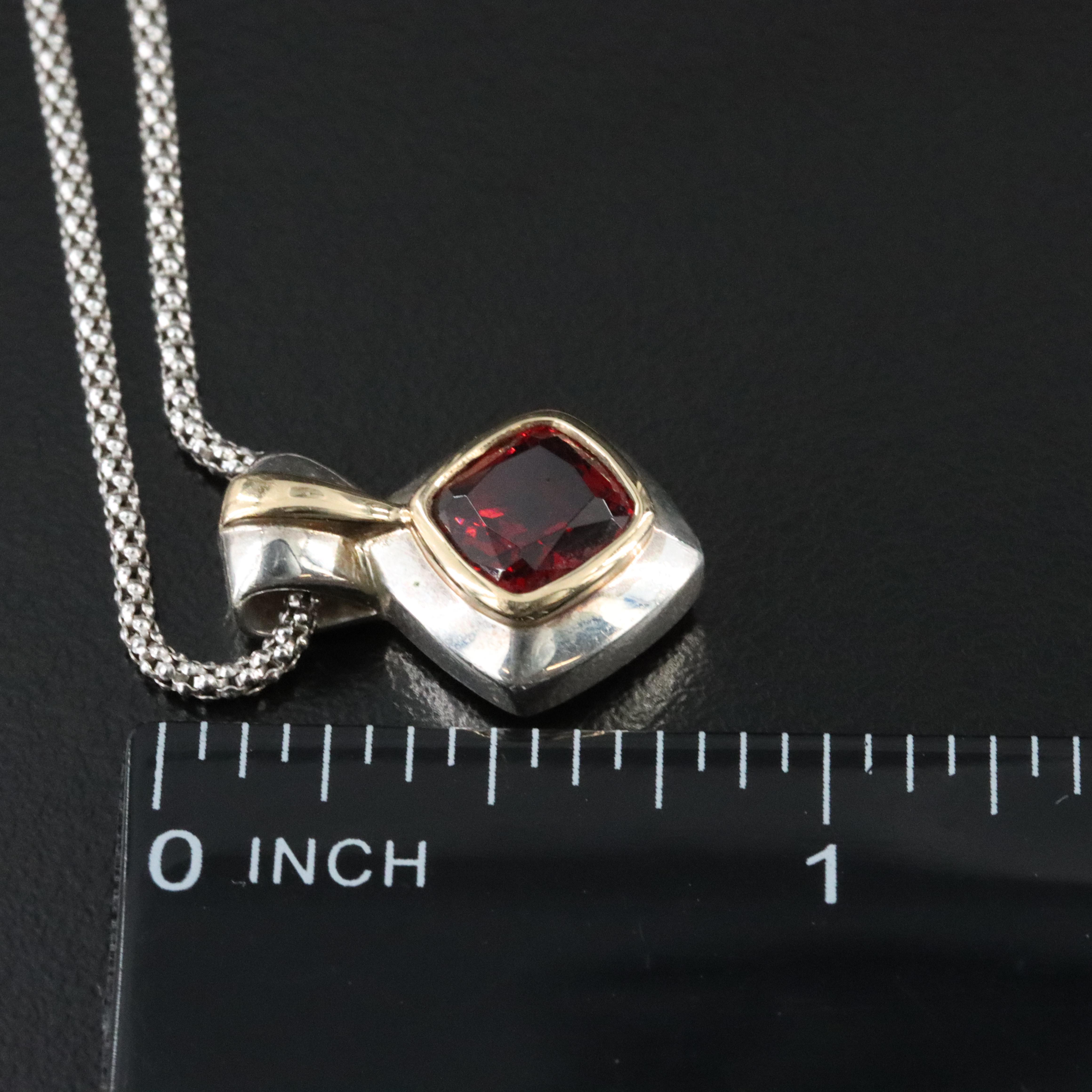 Lorenzo Sterling Garnet Pendant with 18K Accent on Popcorn Chain Necklace