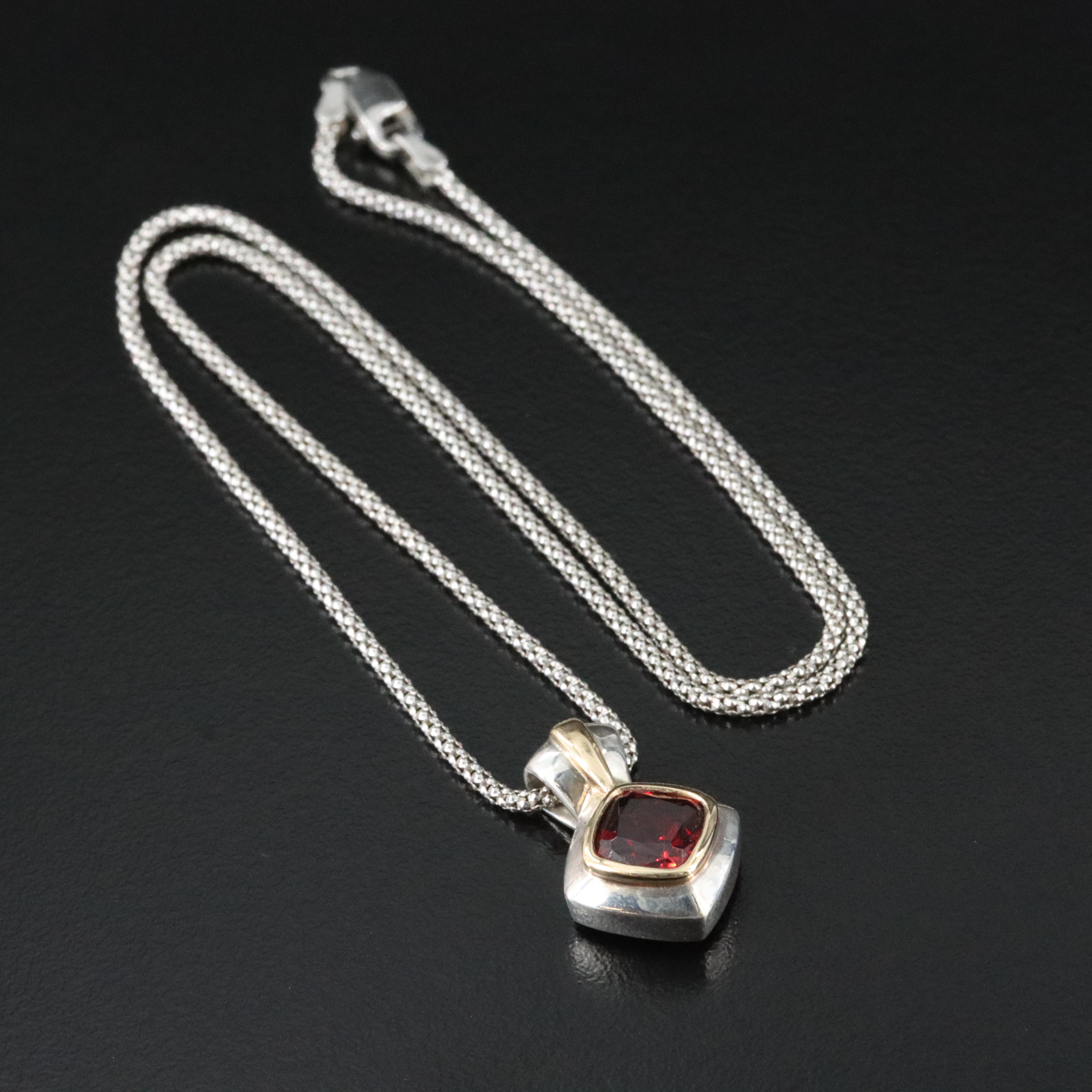 Lorenzo Sterling Garnet Pendant with 18K Accent on Popcorn Chain Necklace