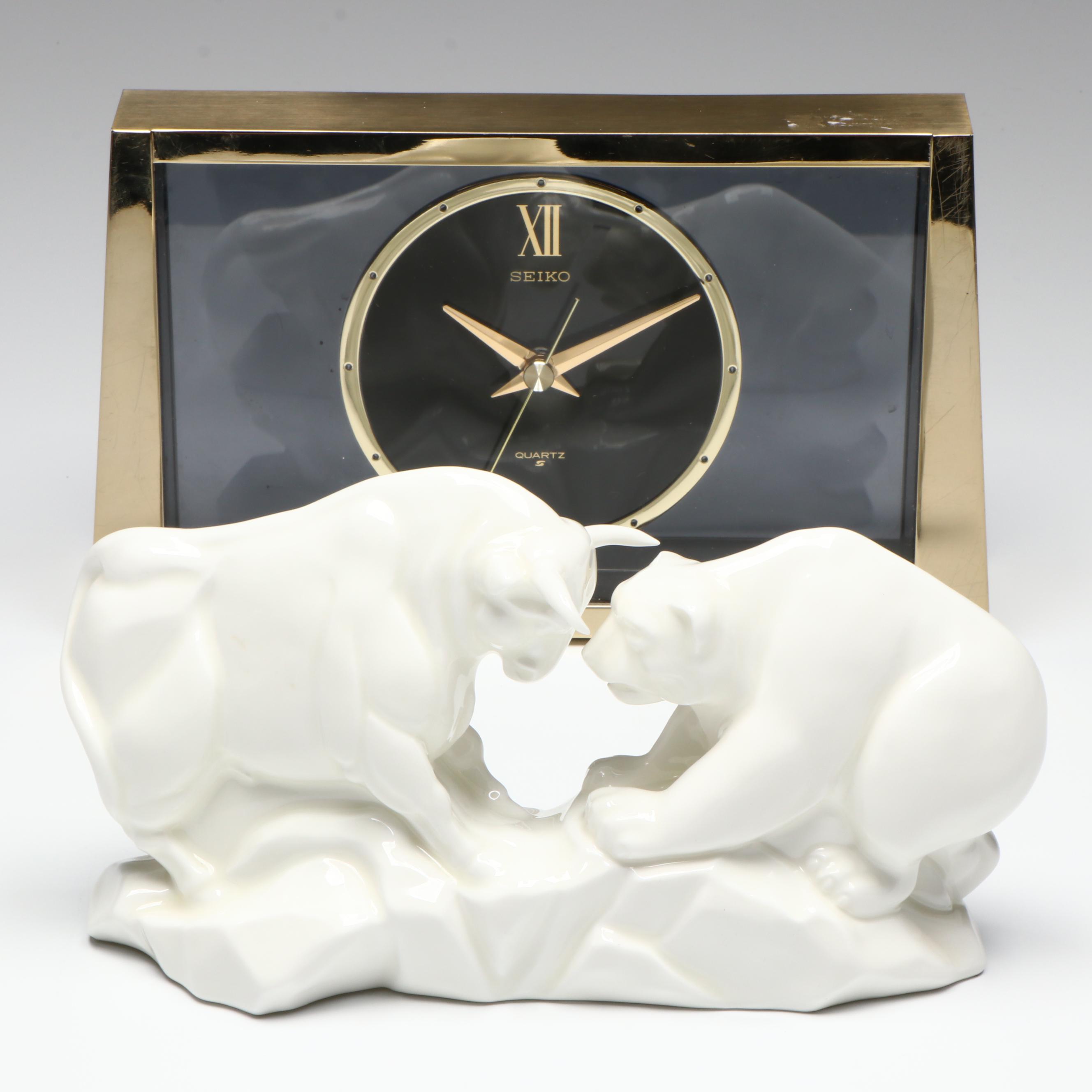Seiko MCM Quartz Mantel Clock with Wedgwood Bone China Bull and Bear