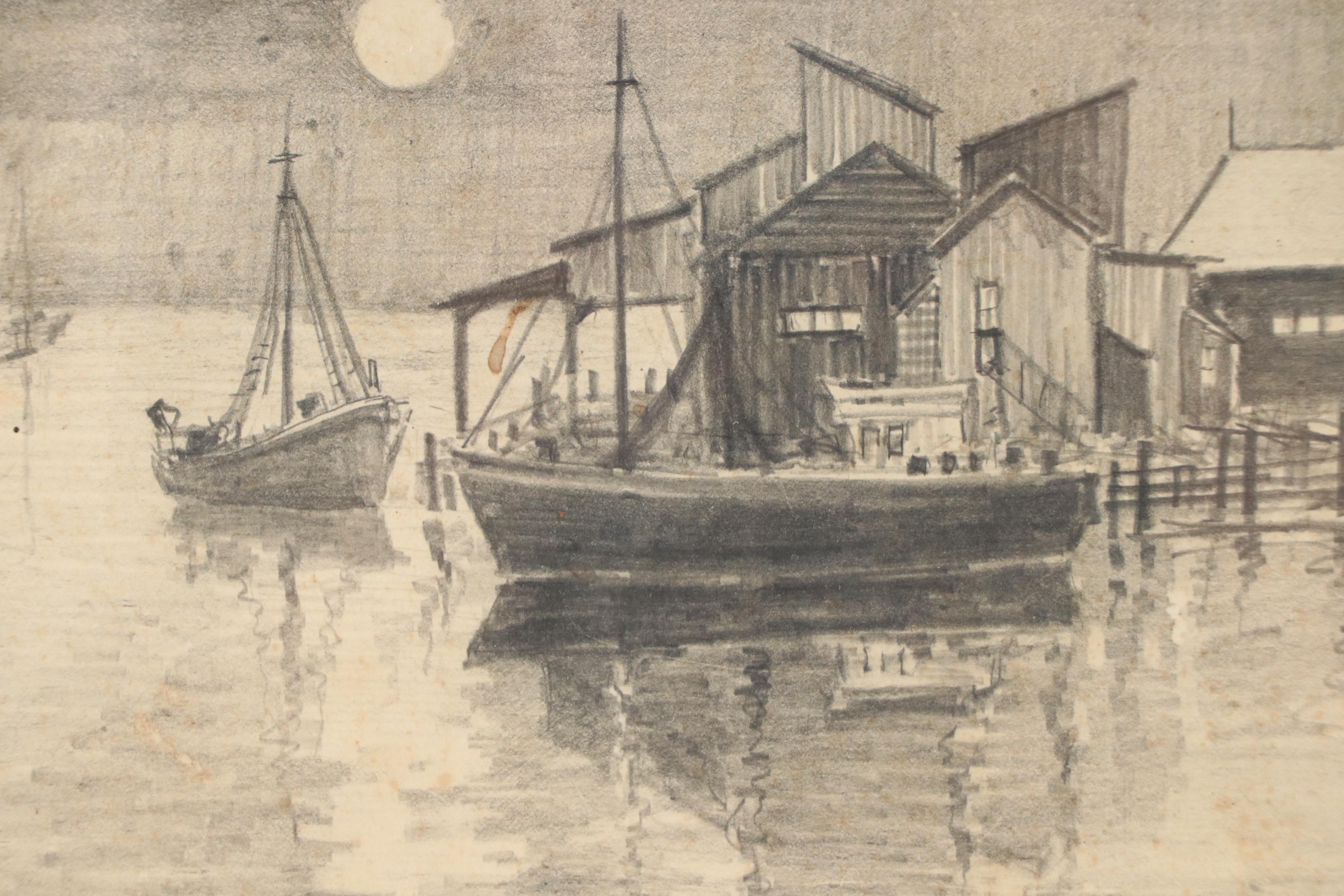 S. Davis Maritime Graphite Drawing of Harbored Boats with Full Moon