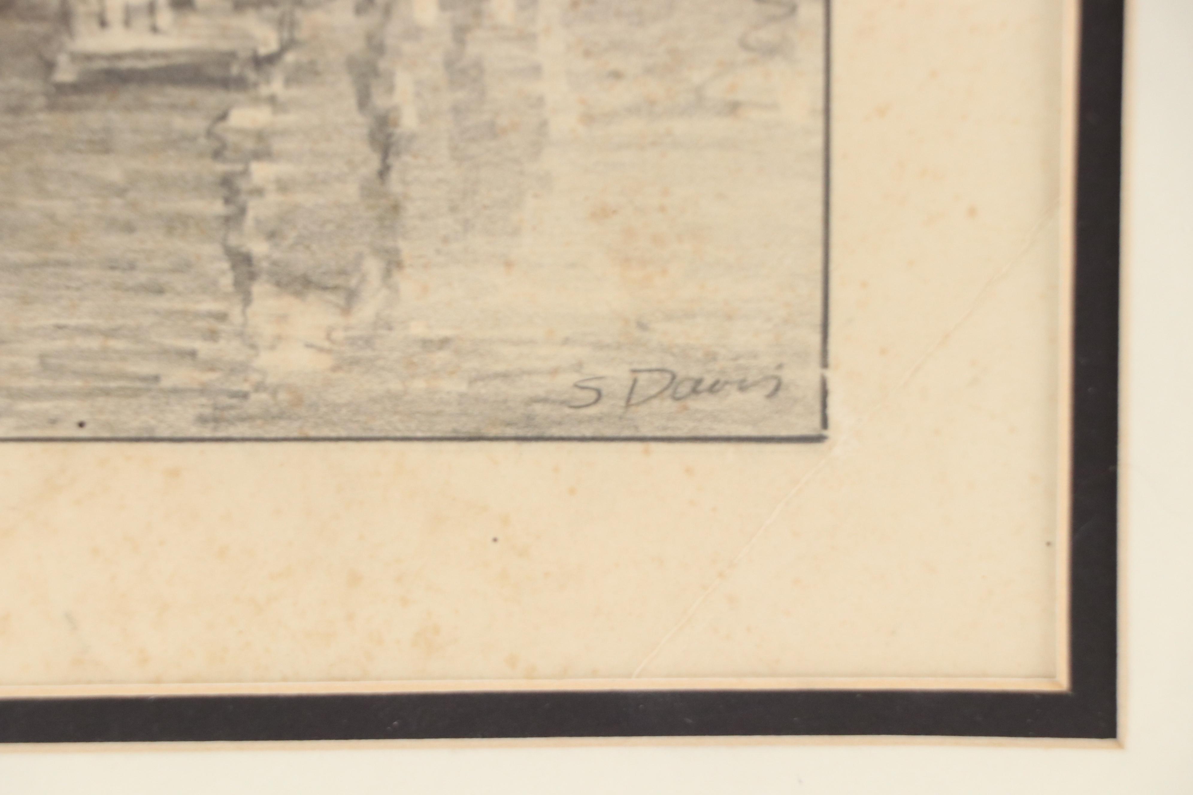 S. Davis Maritime Graphite Drawing of Harbored Boats with Full Moon