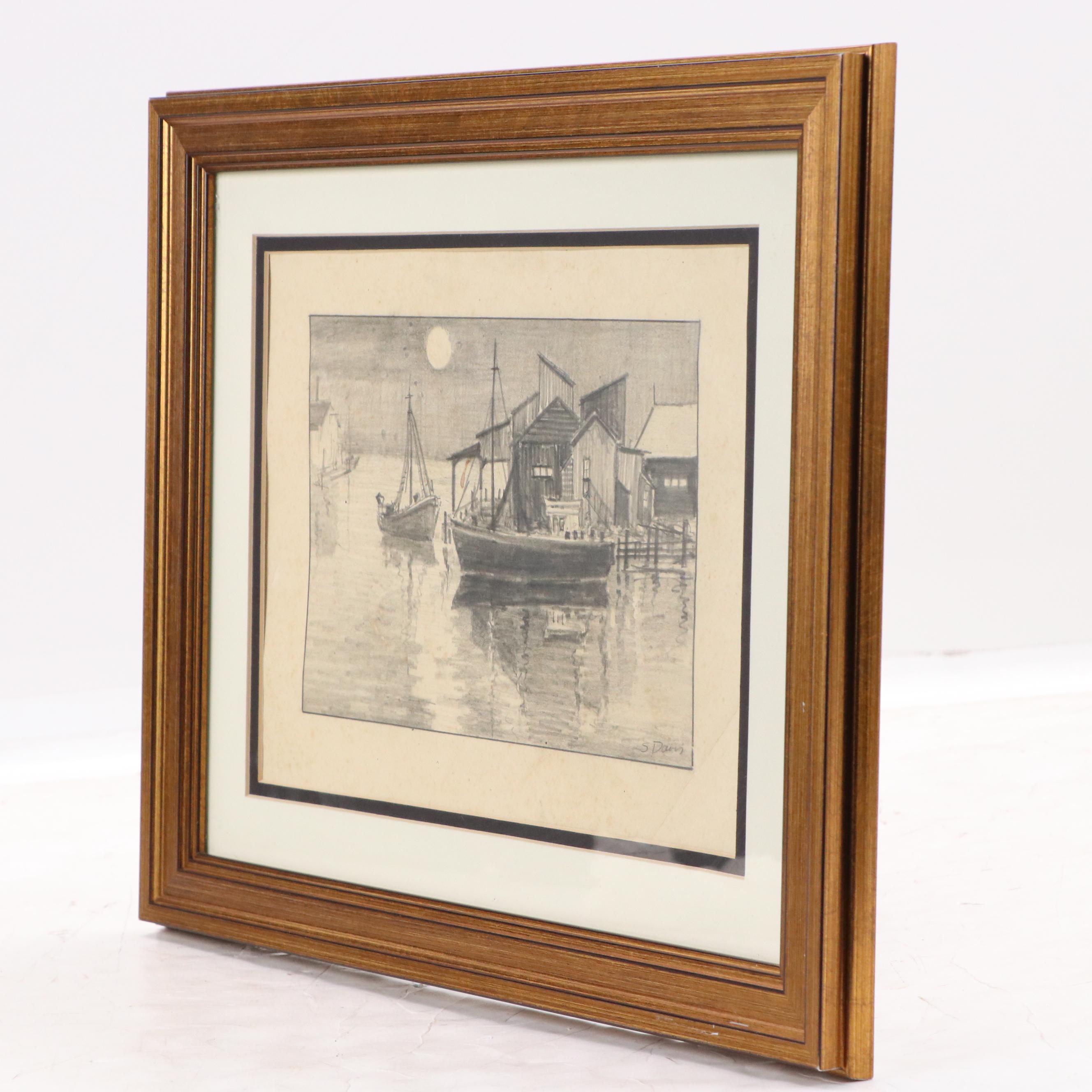S. Davis Maritime Graphite Drawing of Harbored Boats with Full Moon