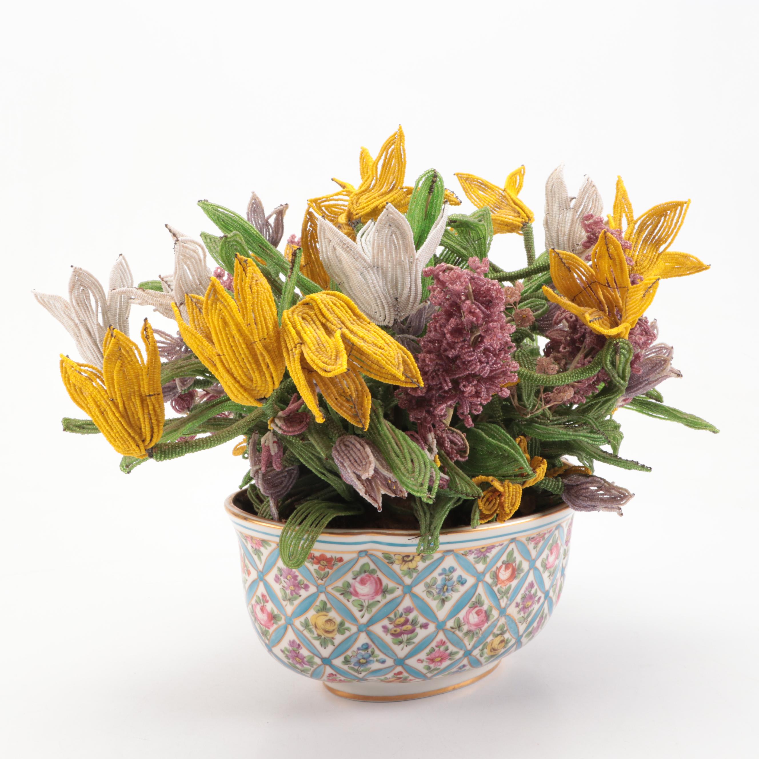 French Beaded Flower Bouquet with Porcelain Vase