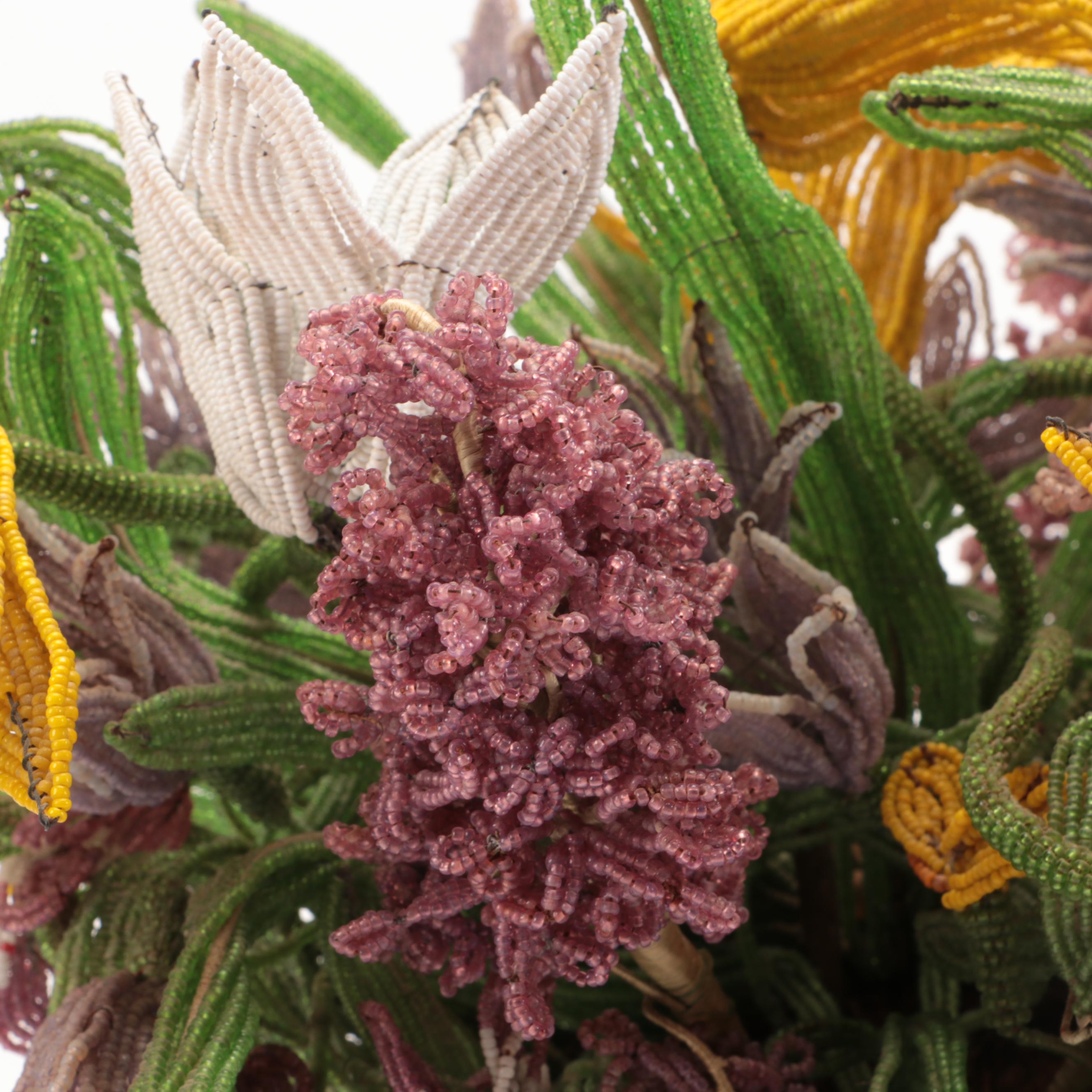 French Beaded Flower Bouquet with Porcelain Vase
