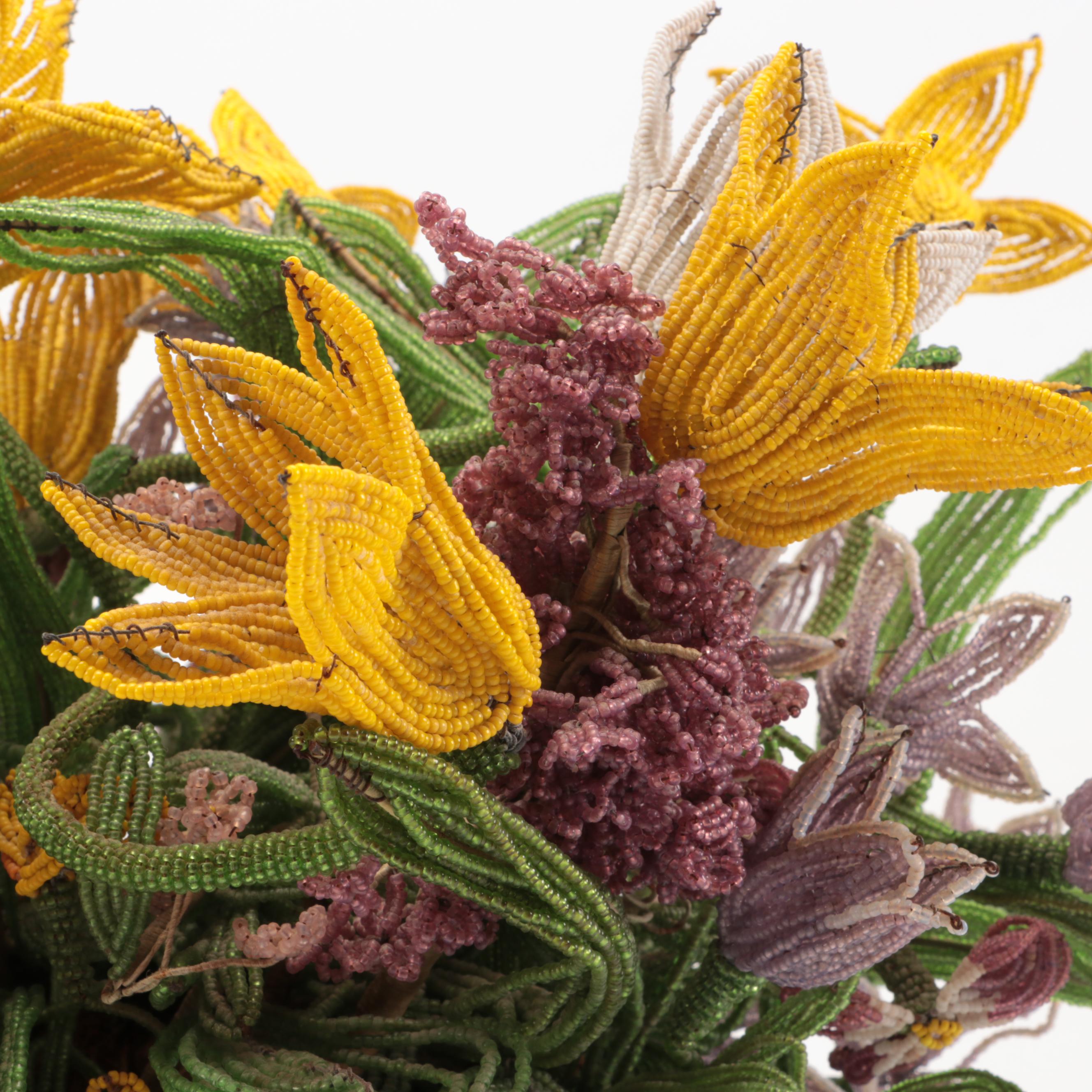 French Beaded Flower Bouquet with Porcelain Vase