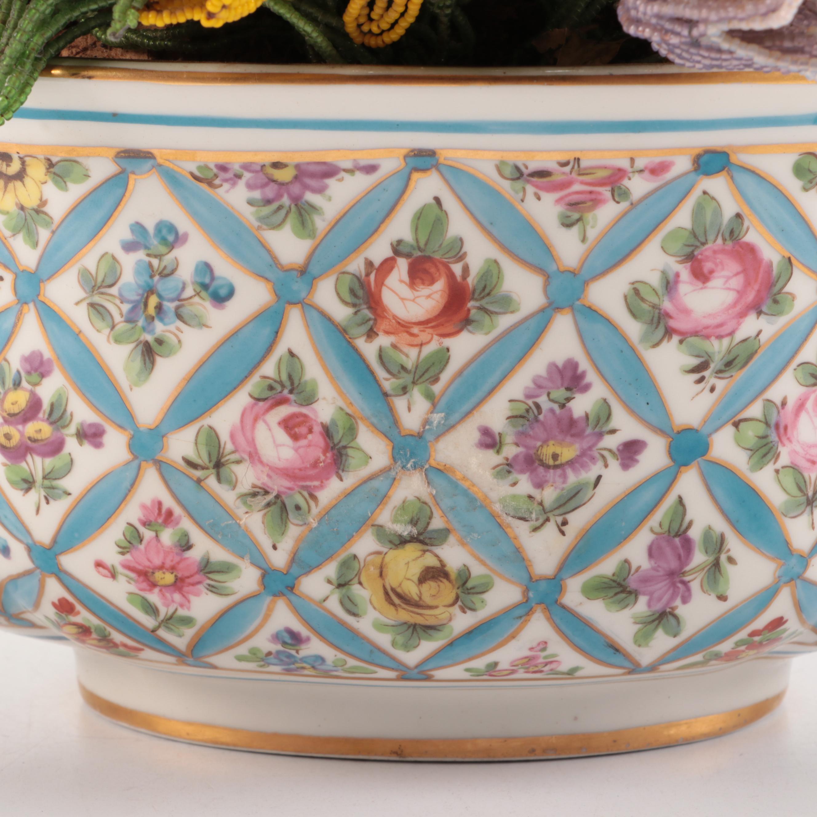 French Beaded Flower Bouquet with Porcelain Vase