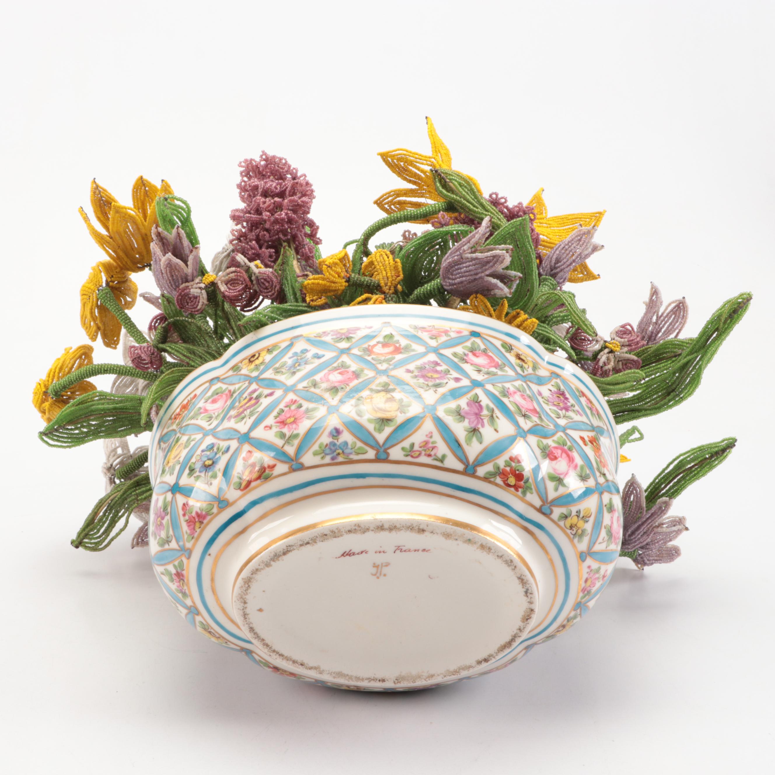 French Beaded Flower Bouquet with Porcelain Vase