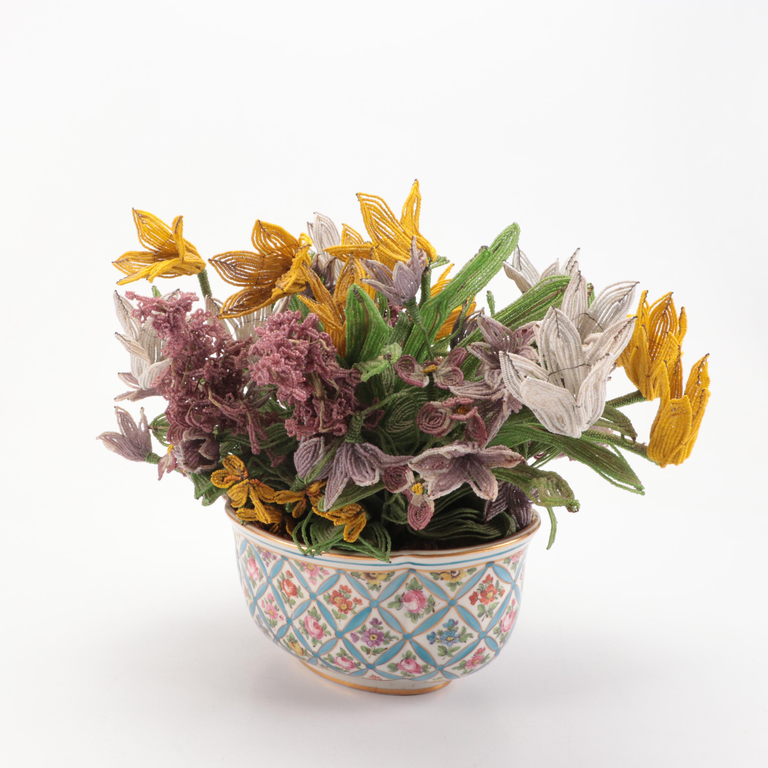 French Beaded Flower Bouquet with Porcelain Vase