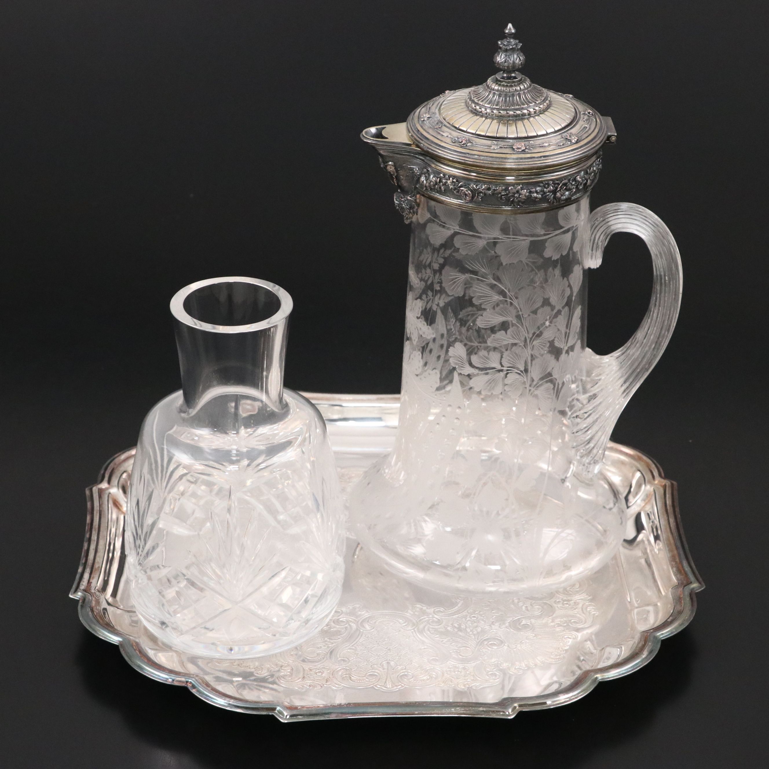 Victorian Silver Plate and Etched Glass Claret Pitcher with Carafe and Tray
