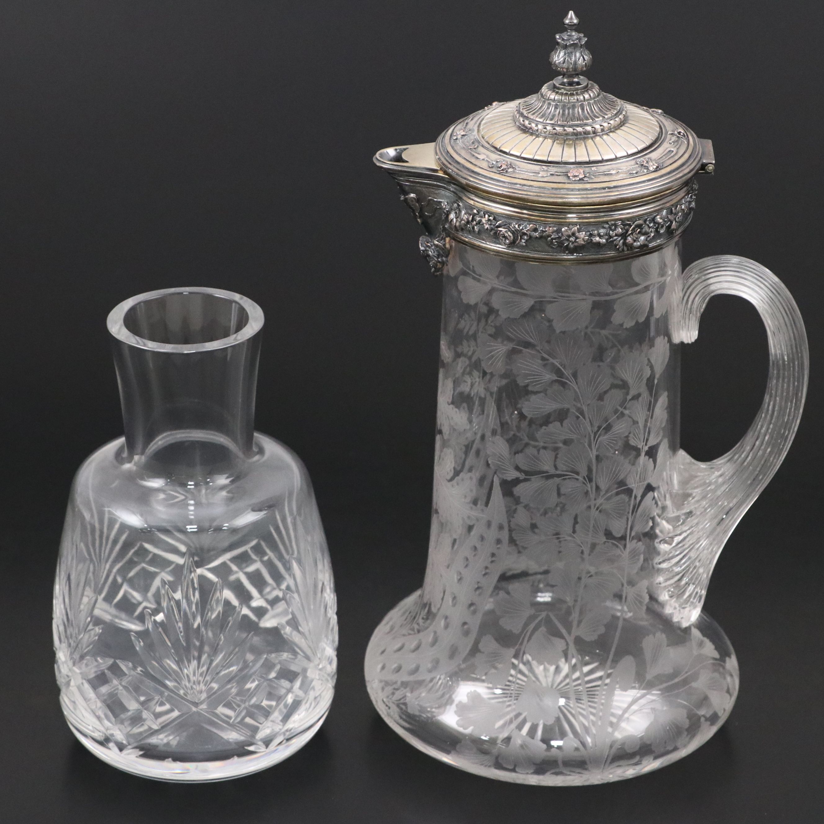Victorian Silver Plate and Etched Glass Claret Pitcher with Carafe and Tray