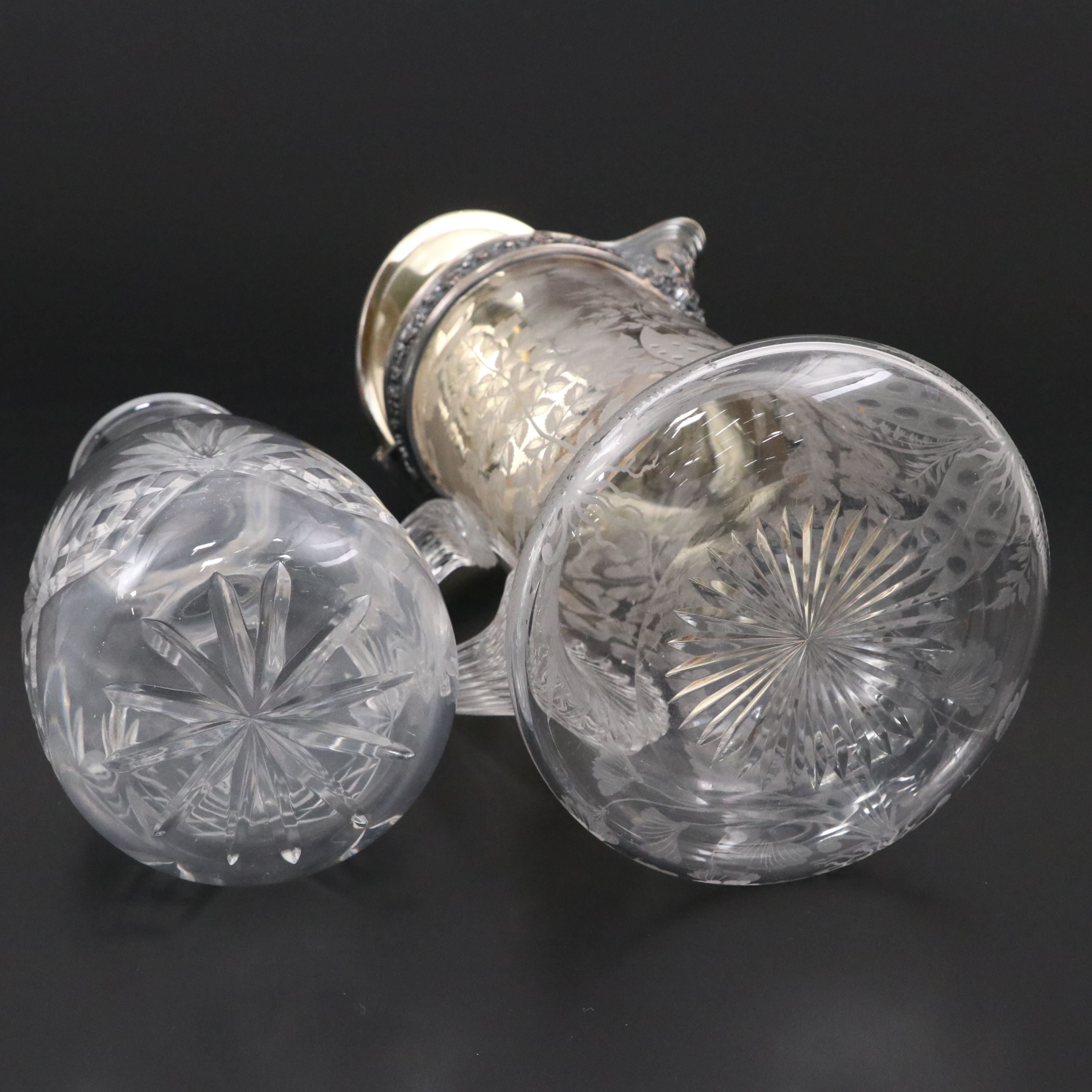 Victorian Silver Plate and Etched Glass Claret Pitcher with Carafe and Tray