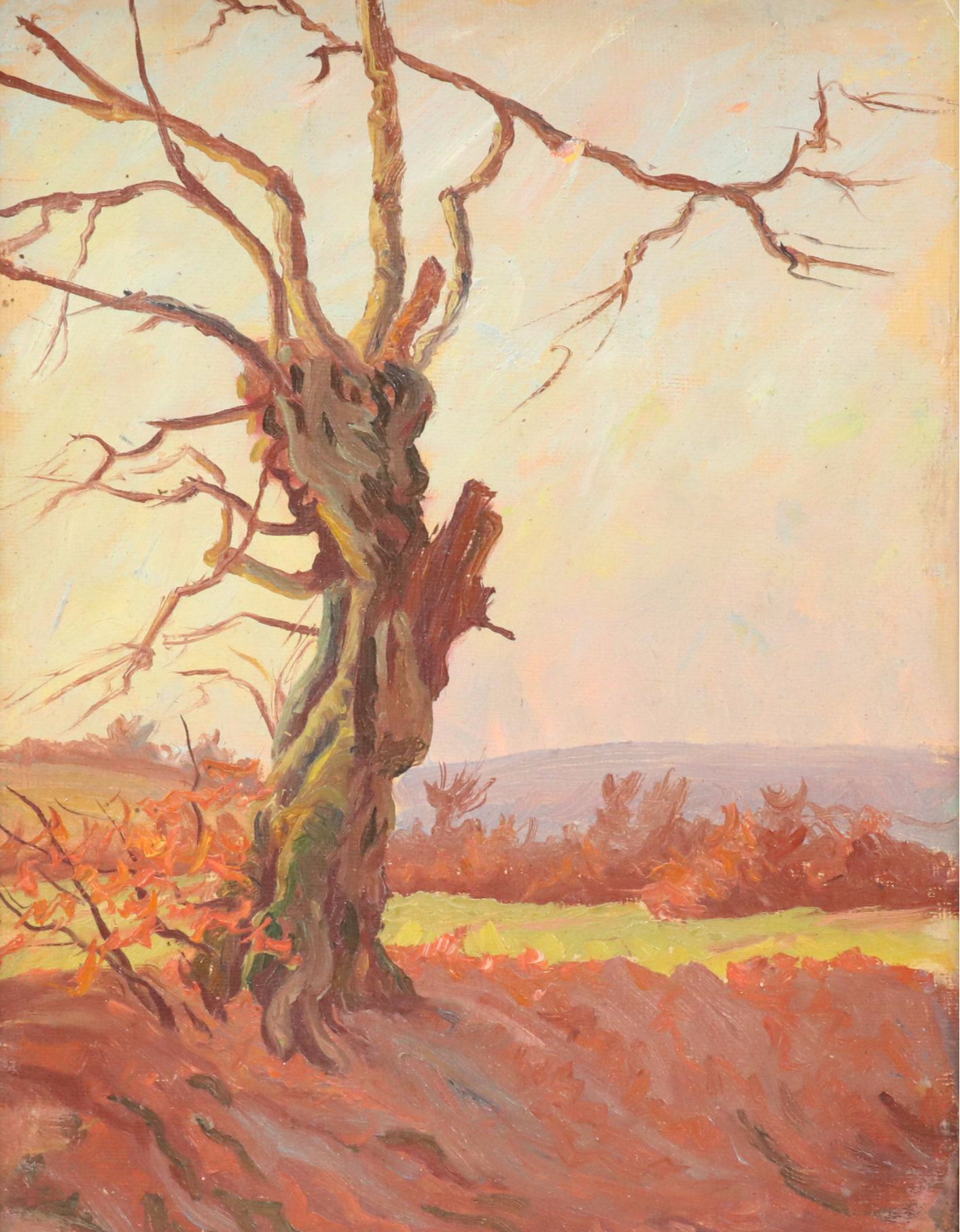 Attributed to Jeanne Reimbolte Landscape Oil Painting of Gnarled Tree