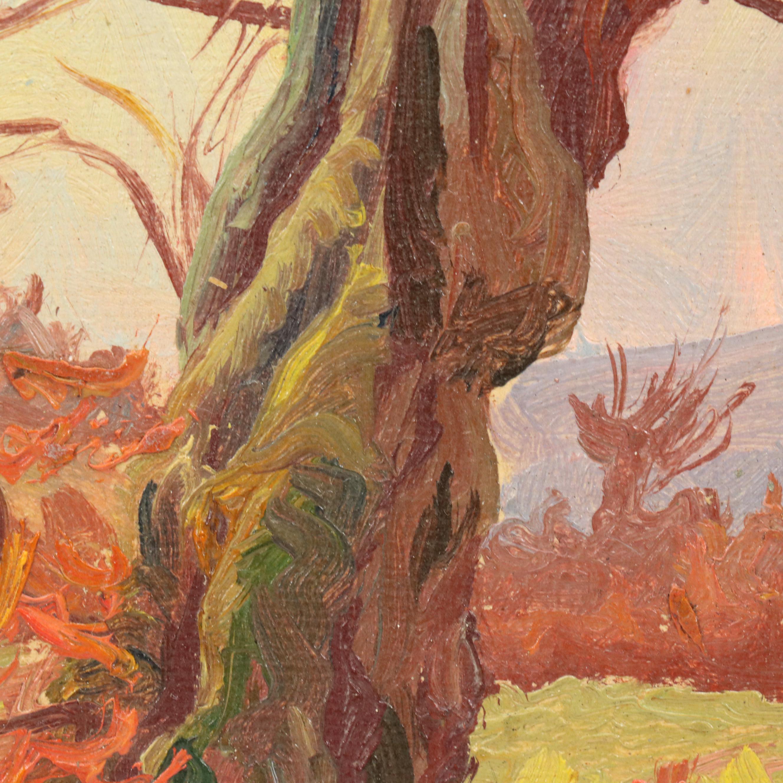 Attributed to Jeanne Reimbolte Landscape Oil Painting of Gnarled Tree