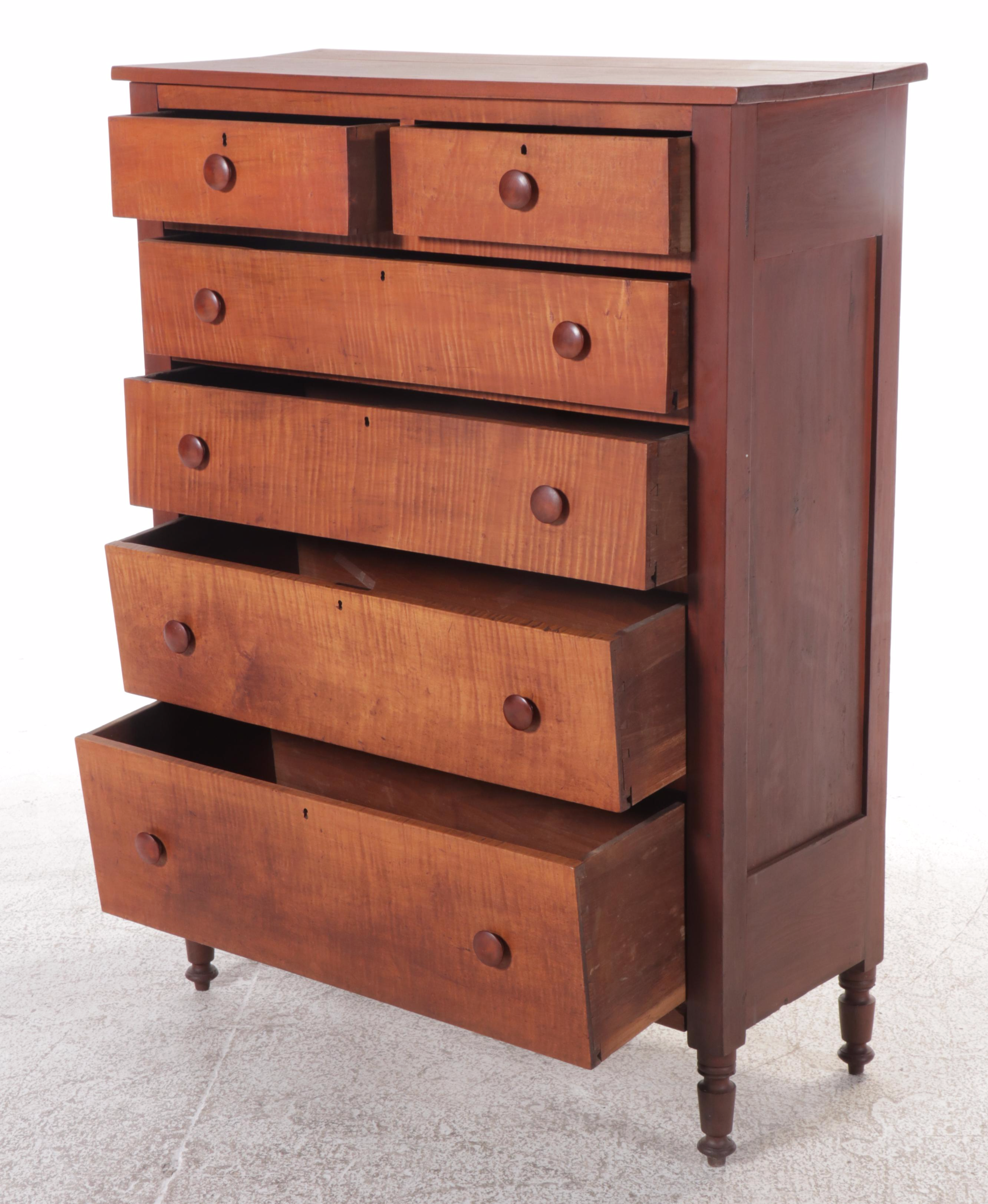 American Curly Maple and Cherry Chest of Drawers, Early 19th Century