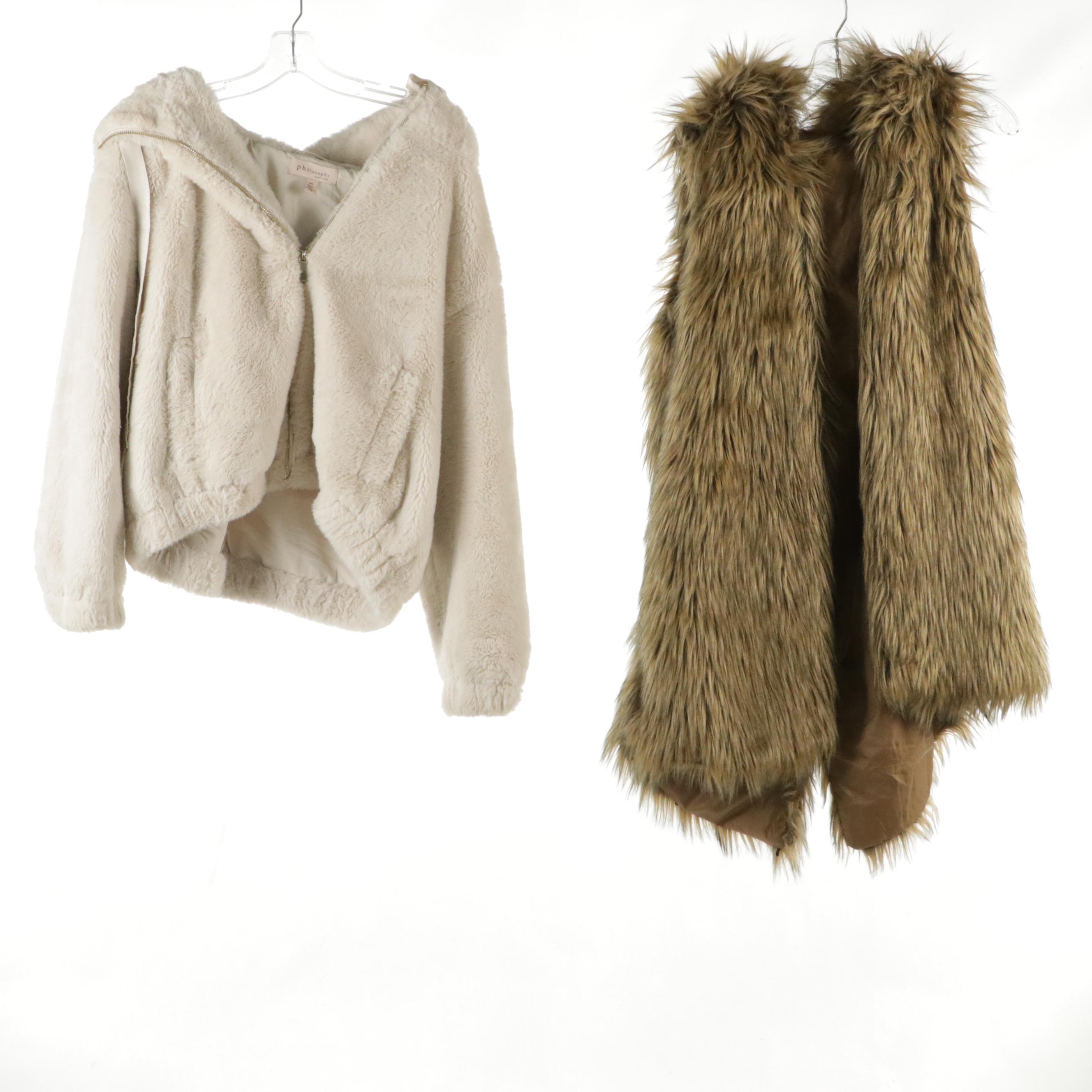 Philosophy Zip-Front Faux Fur Jacket, Boo Hoo Puffy Jacket, & Faux Fur Vest