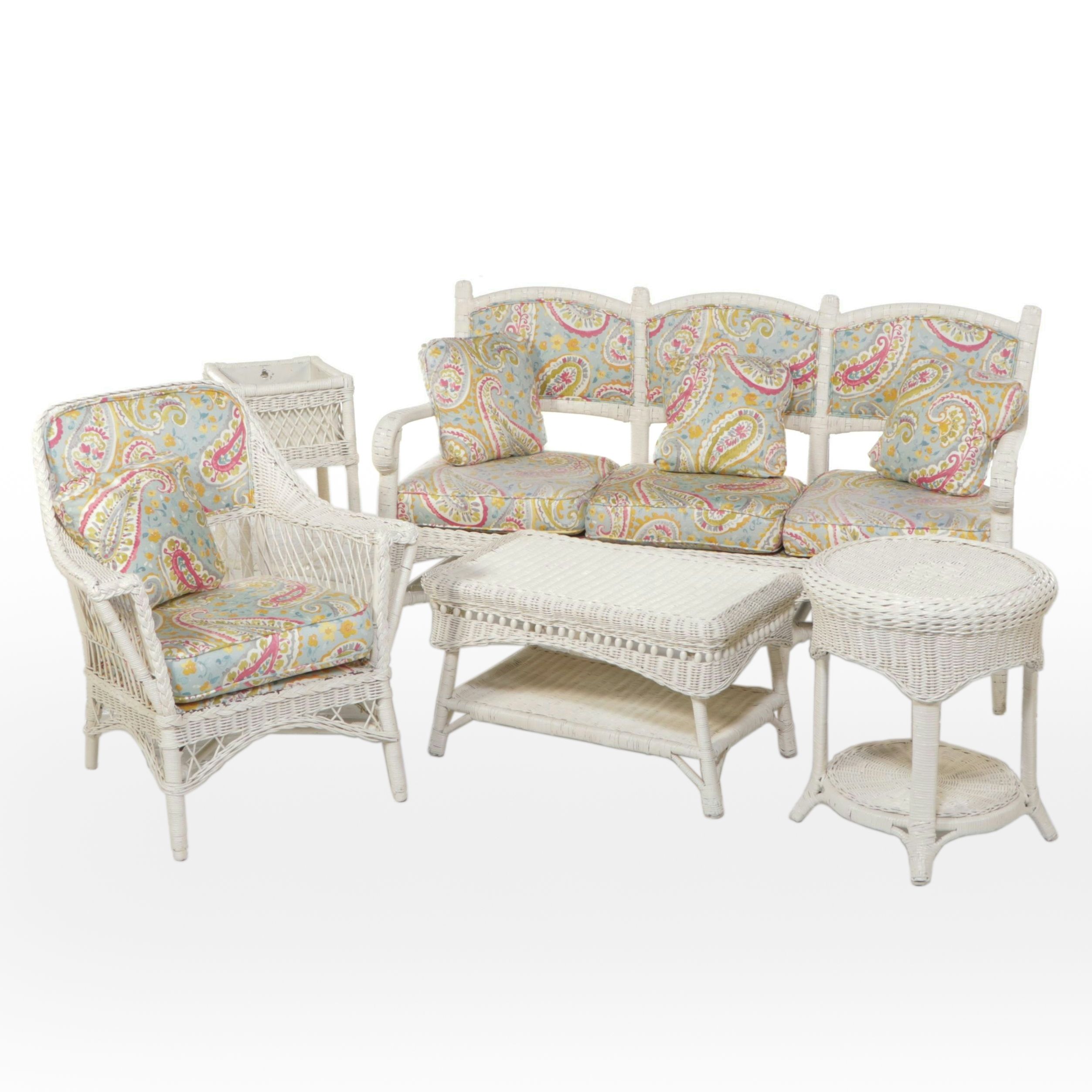 White Painted Wicker Rattan Five-Piece Patio Lounge Set