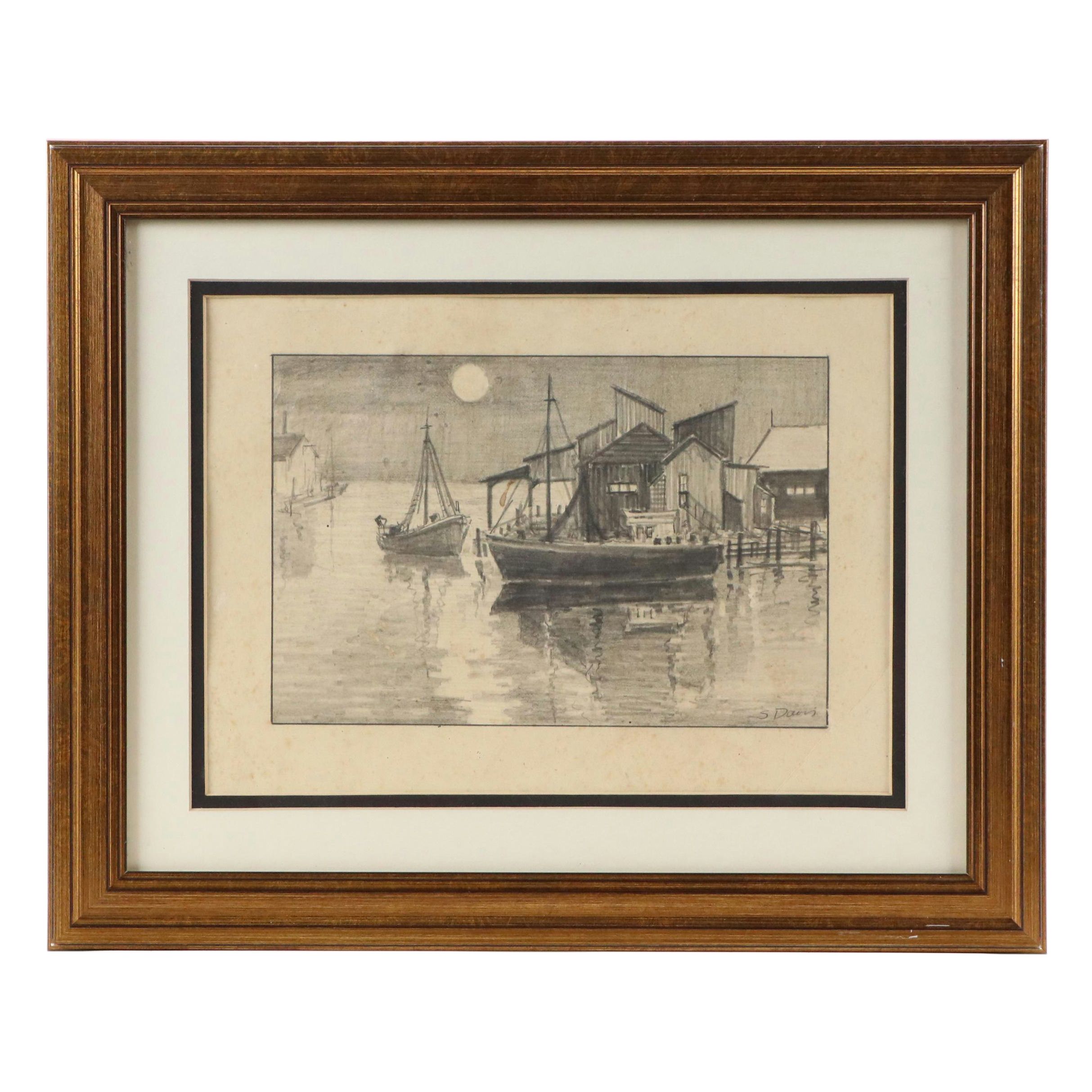 S. Davis Maritime Graphite Drawing of Harbored Boats with Full Moon