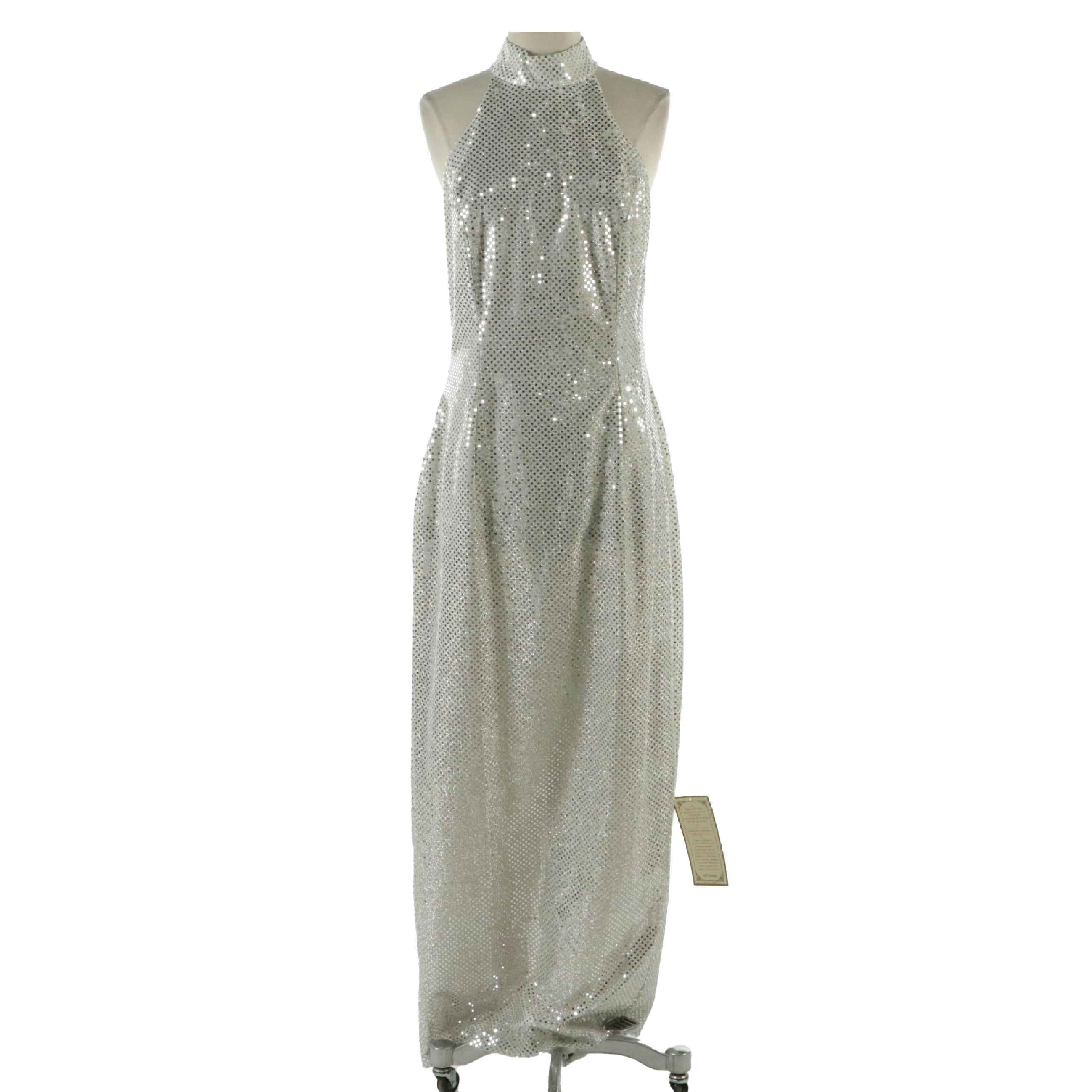 Roberta Silver Metallic Sequined Halter Dress with Back Split Hemline