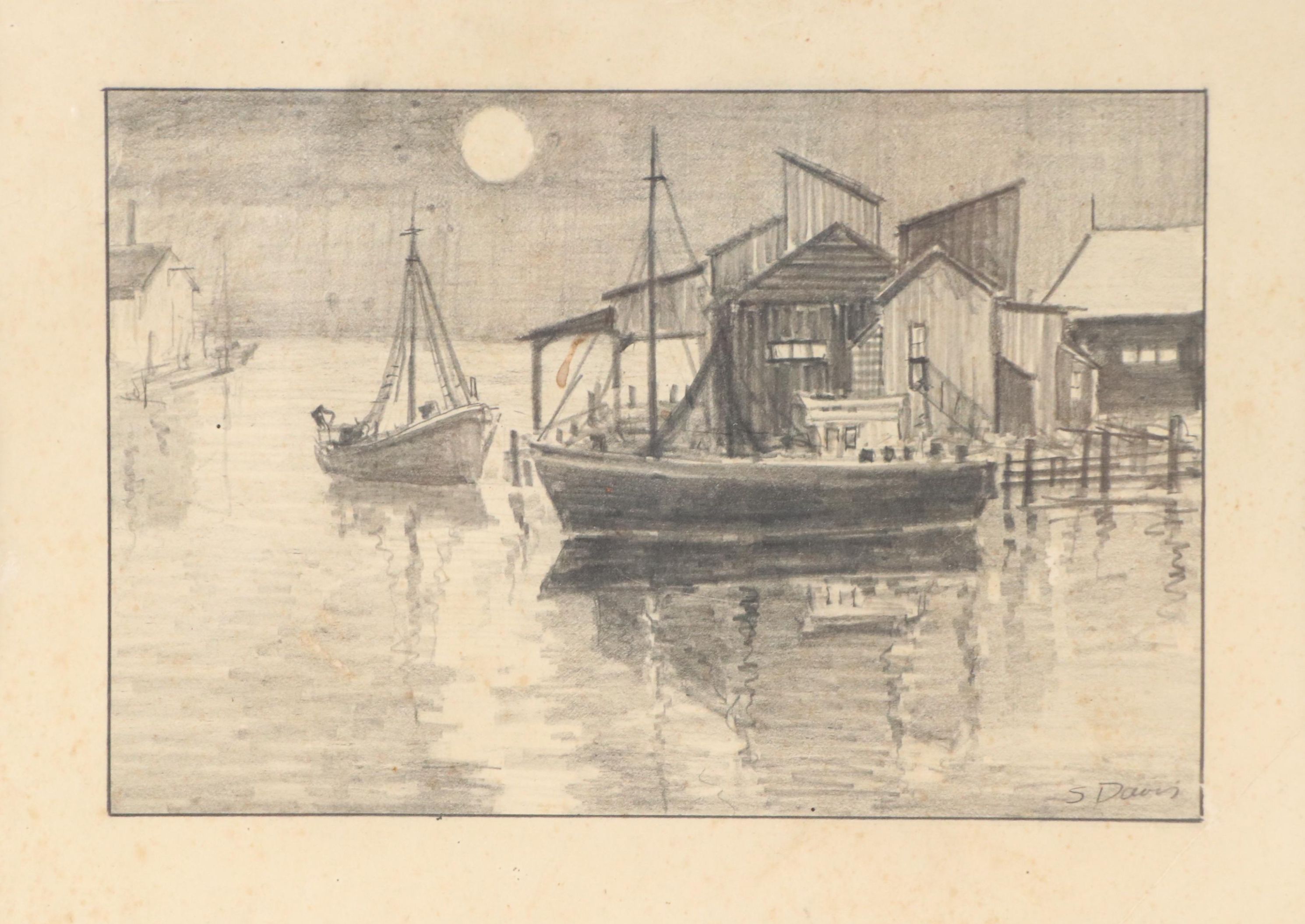S. Davis Maritime Graphite Drawing of Harbored Boats with Full Moon