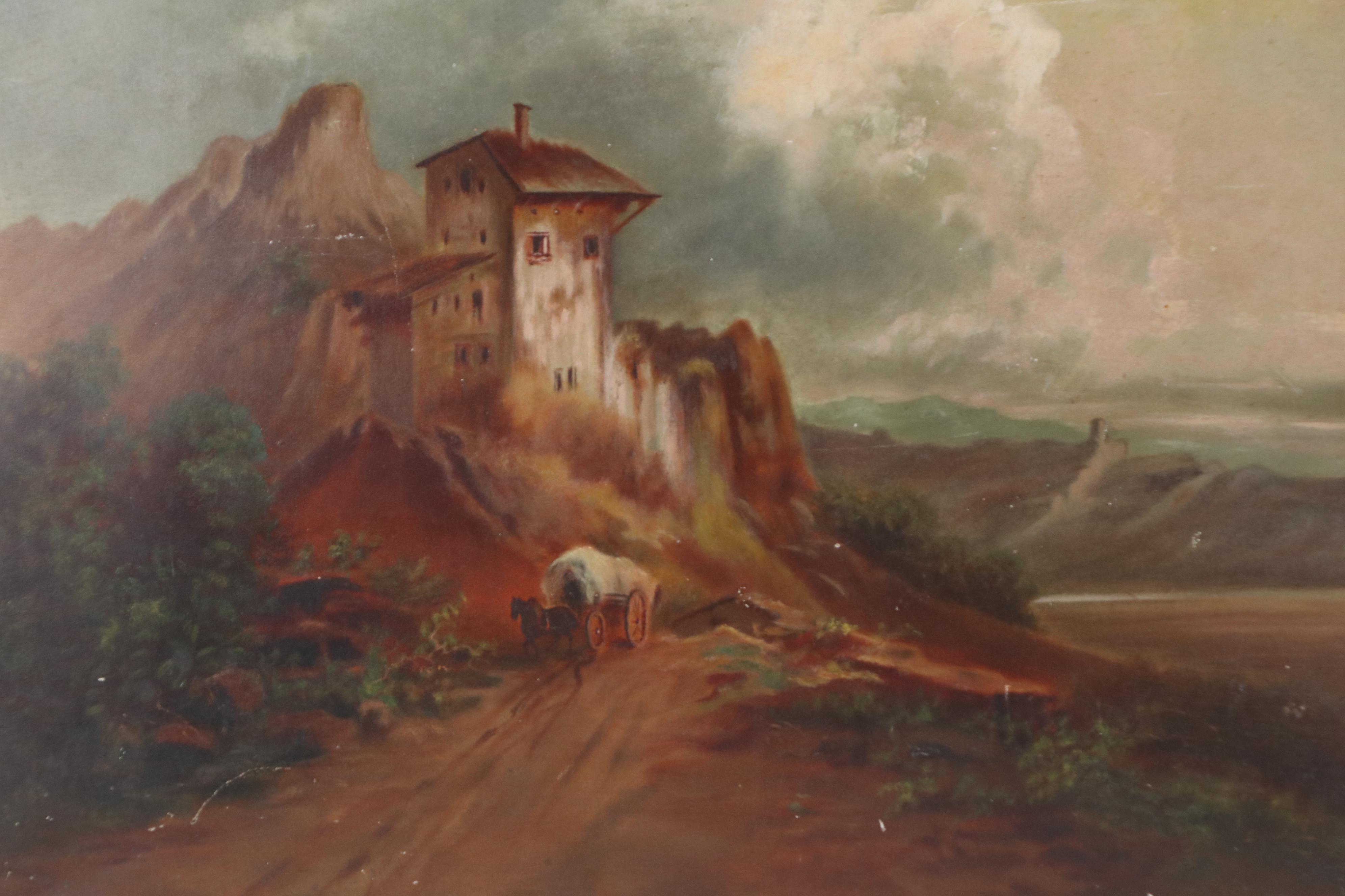 DeVed Oil Landscape Painting with Horse-Drawn Wagon, Late 19th Century