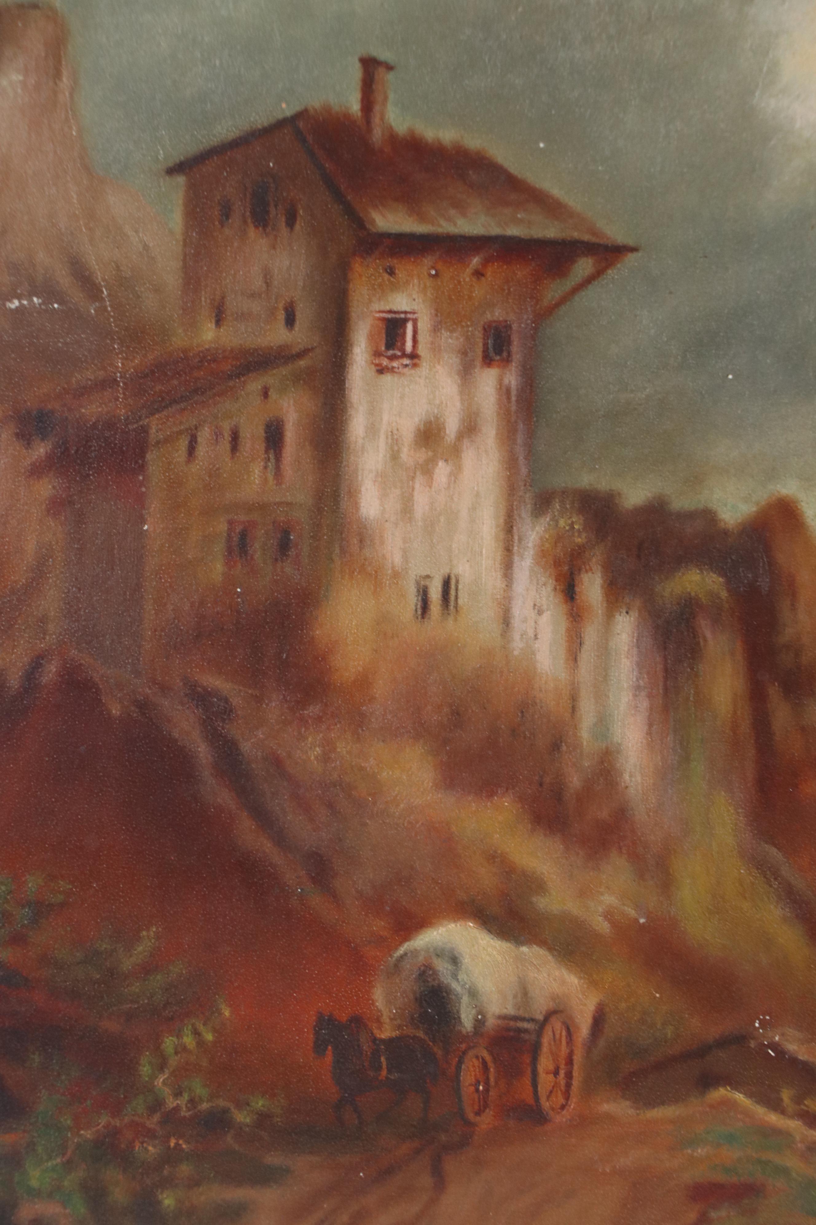 DeVed Oil Landscape Painting with Horse-Drawn Wagon, Late 19th Century