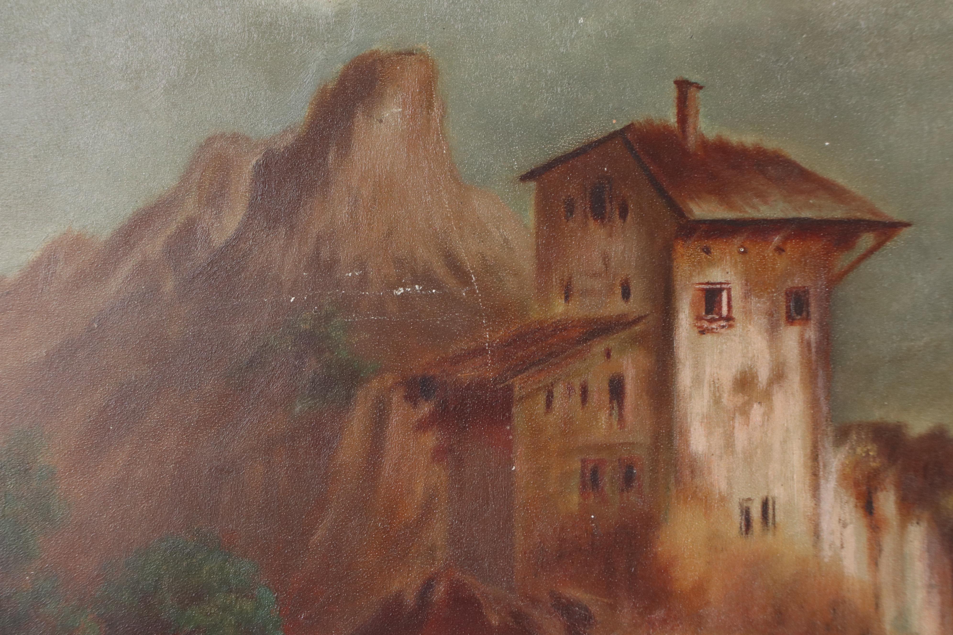 DeVed Oil Landscape Painting with Horse-Drawn Wagon, Late 19th Century