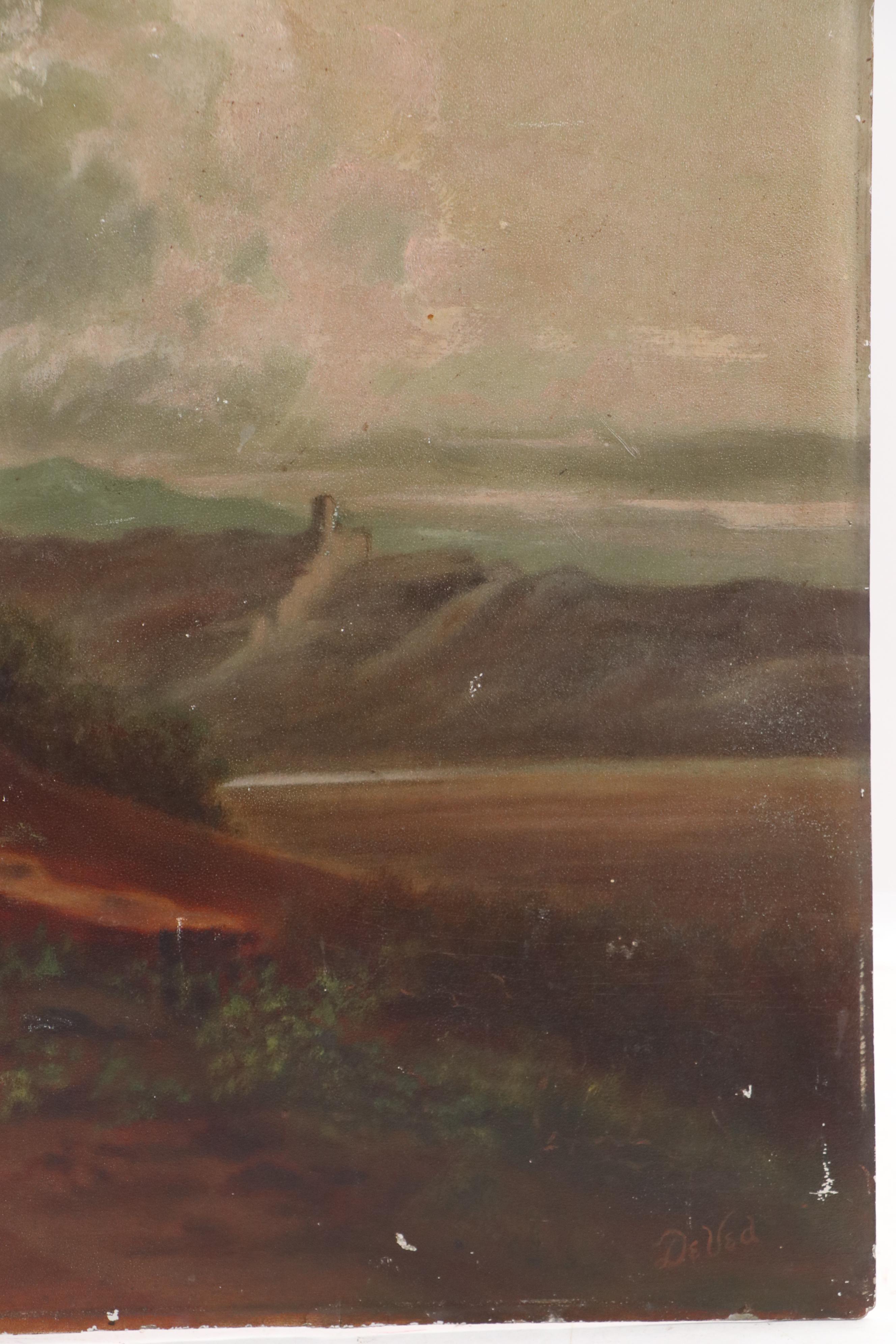 DeVed Oil Landscape Painting with Horse-Drawn Wagon, Late 19th Century