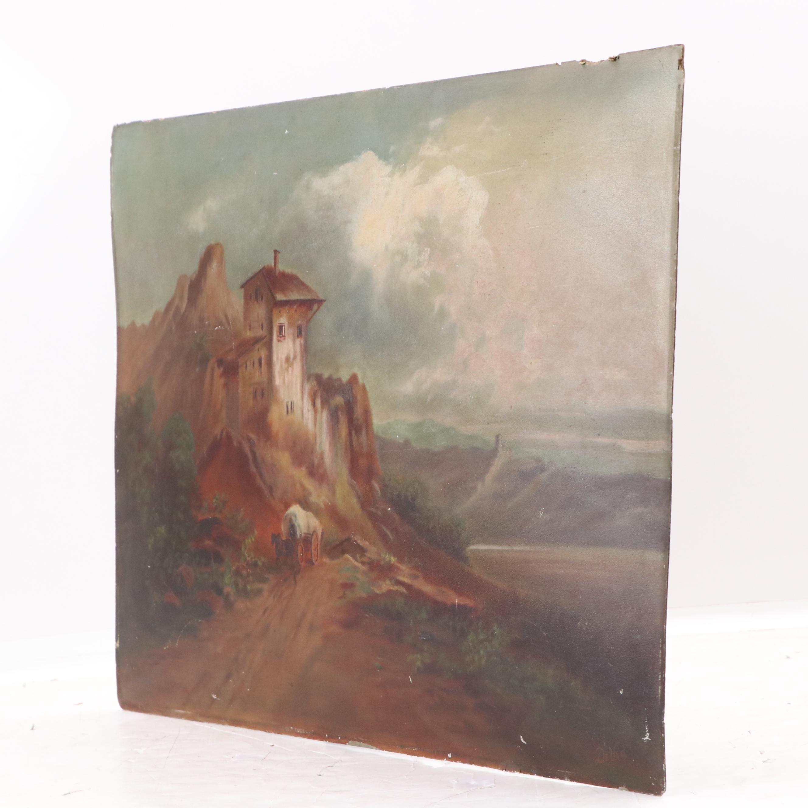 DeVed Oil Landscape Painting with Horse-Drawn Wagon, Late 19th Century