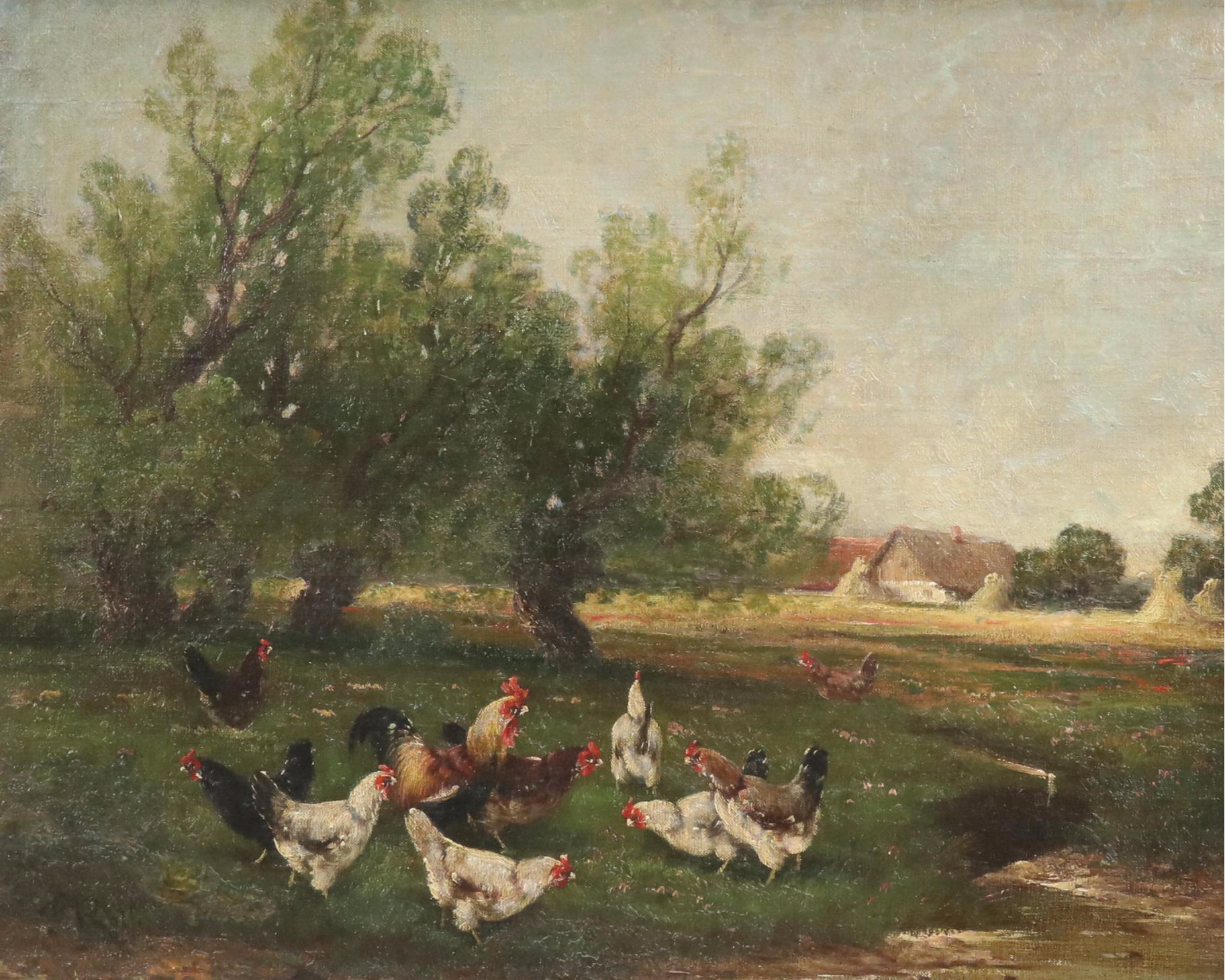 Pastoral Landscape Oil Painting of Chickens in Tree Shade, Early 20 C.