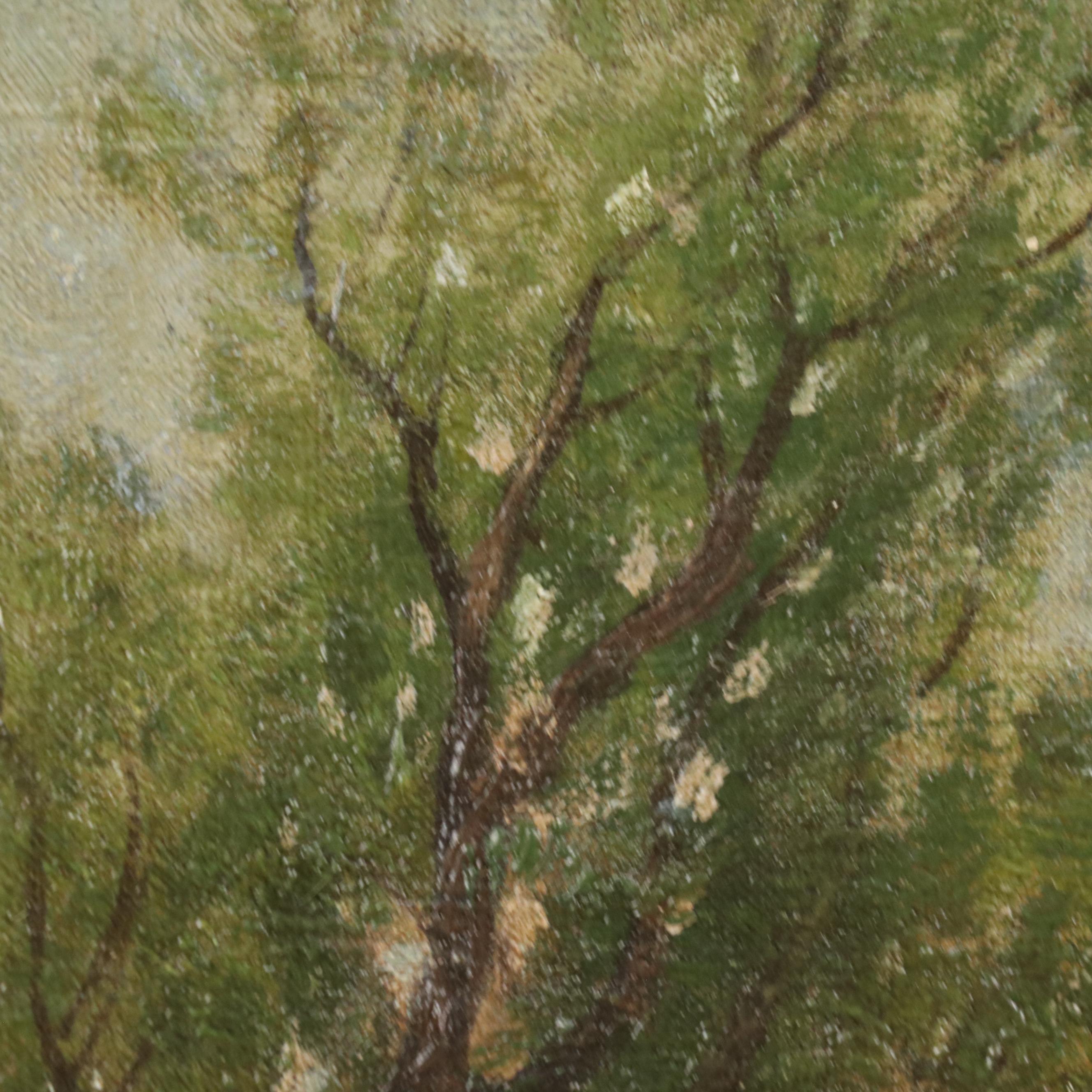Pastoral Landscape Oil Painting of Chickens in Tree Shade, Early 20 C.