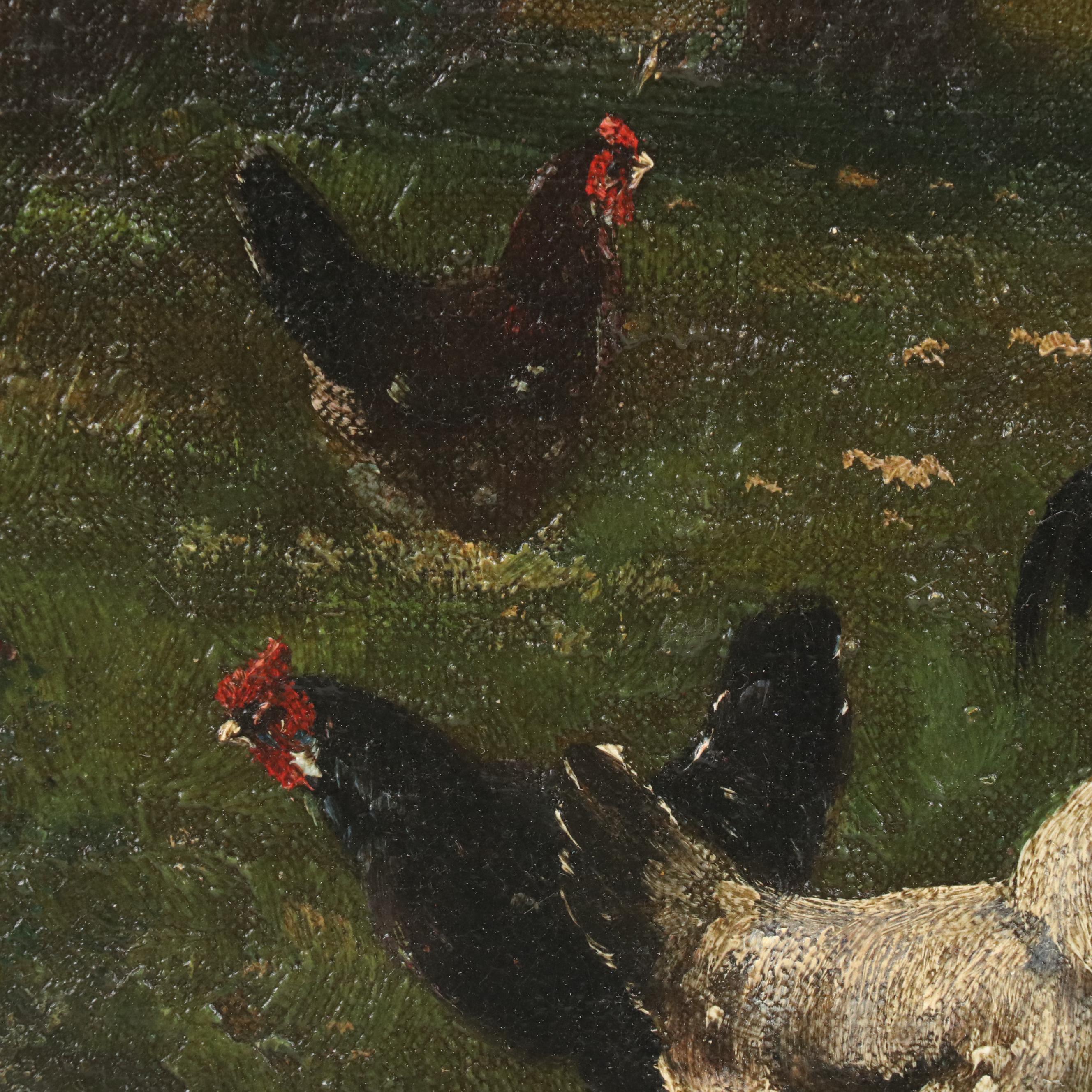 Pastoral Landscape Oil Painting of Chickens in Tree Shade, Early 20 C.