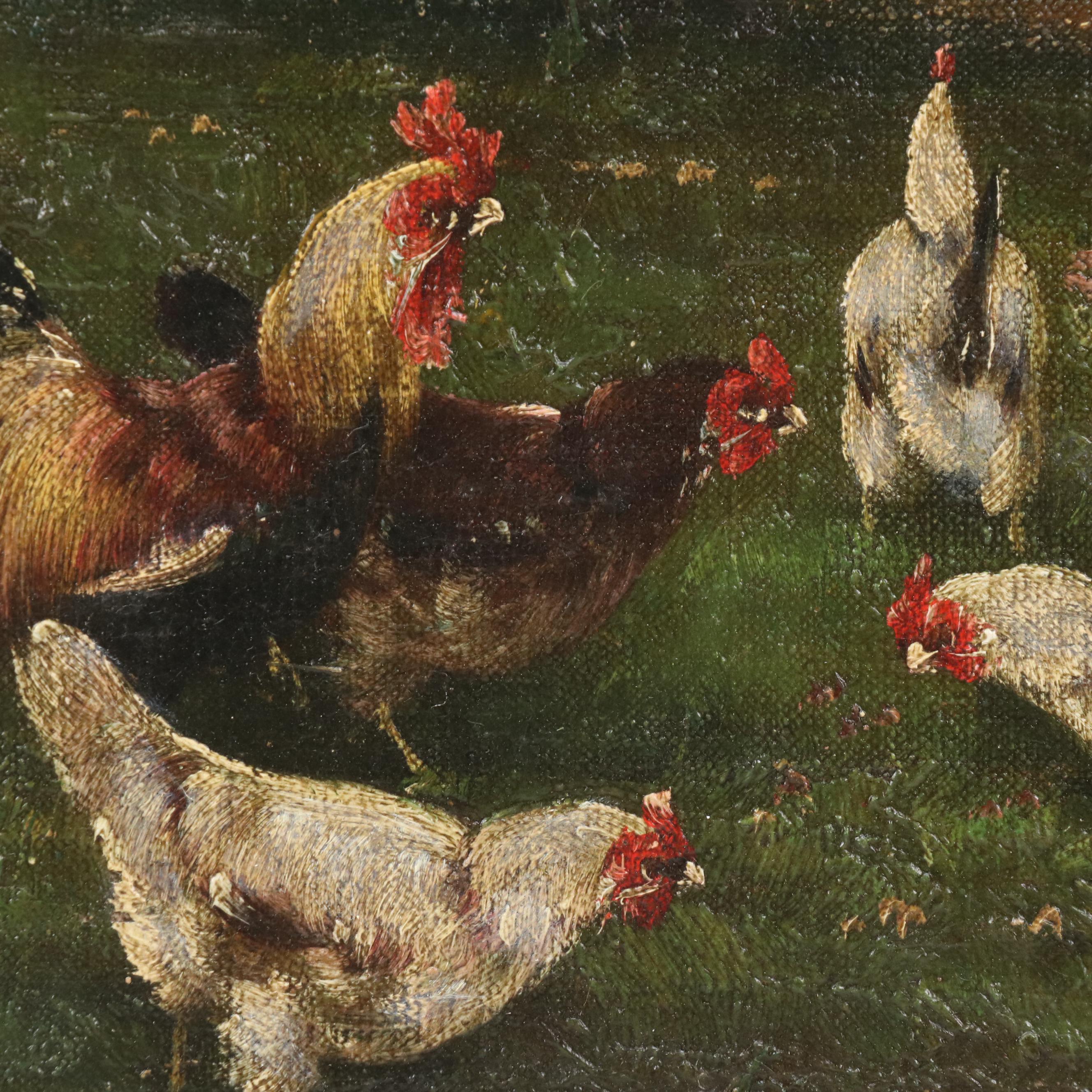 Pastoral Landscape Oil Painting of Chickens in Tree Shade, Early 20 C.
