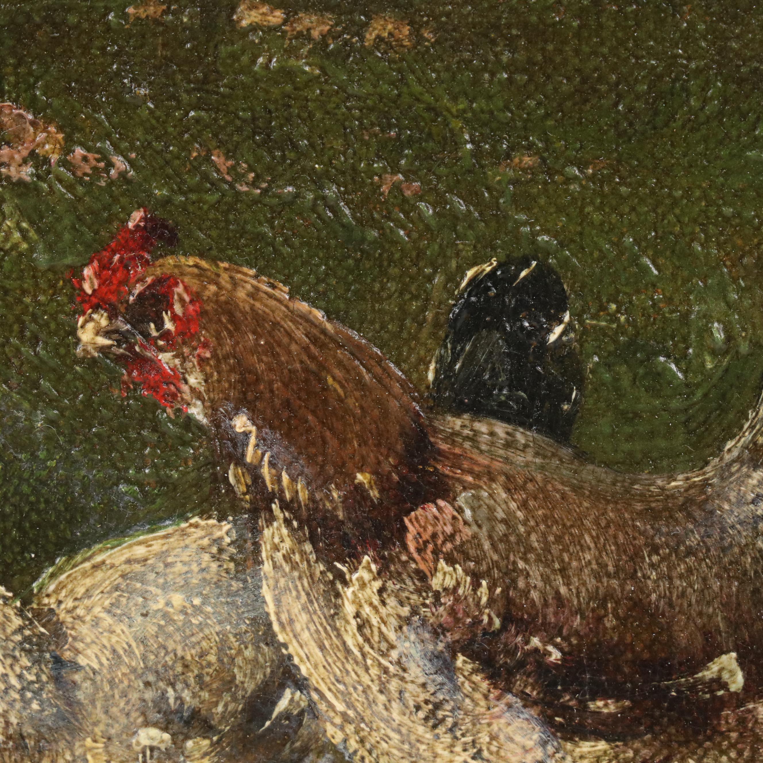 Pastoral Landscape Oil Painting of Chickens in Tree Shade, Early 20 C.