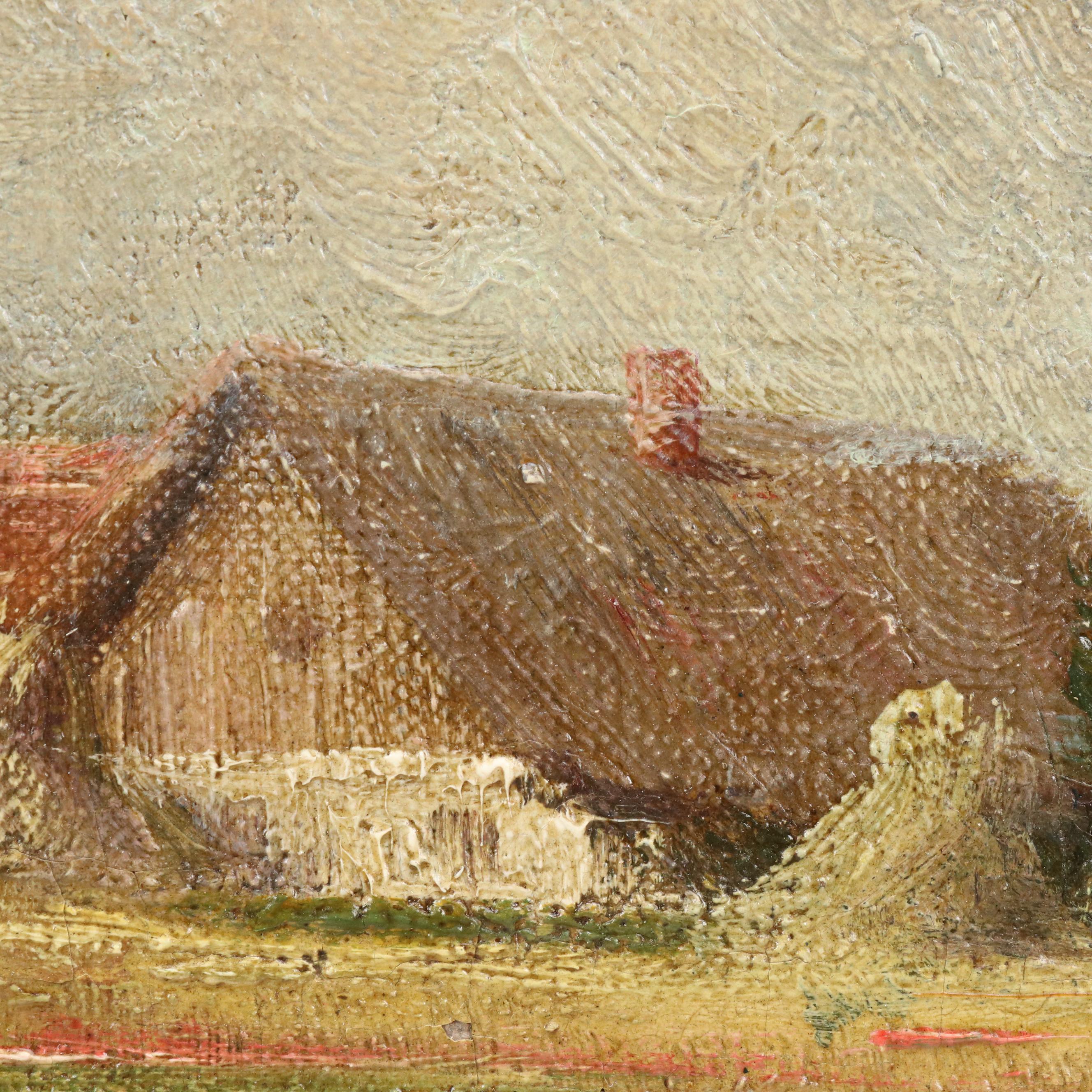 Pastoral Landscape Oil Painting of Chickens in Tree Shade, Early 20 C.