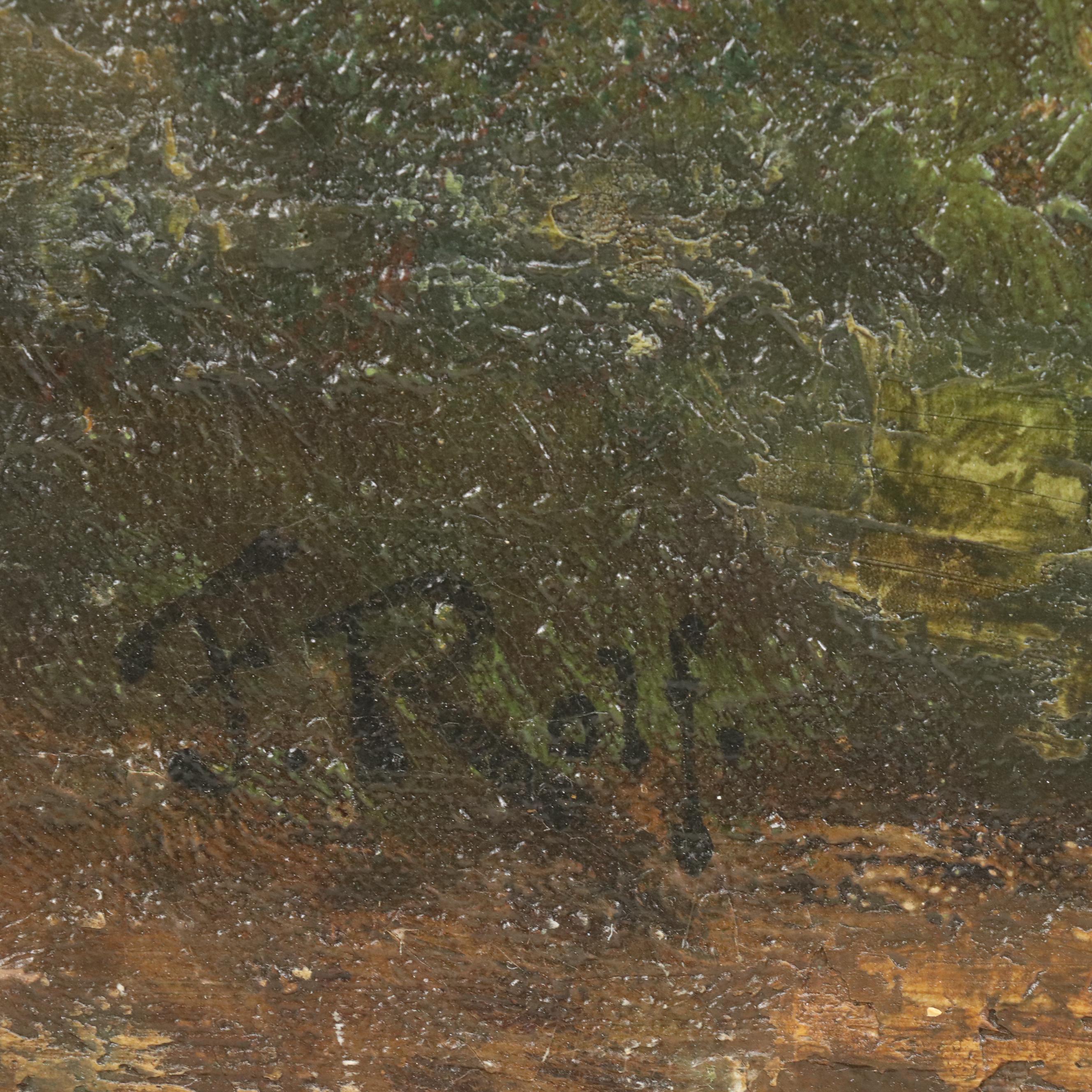 Pastoral Landscape Oil Painting of Chickens in Tree Shade, Early 20 C.