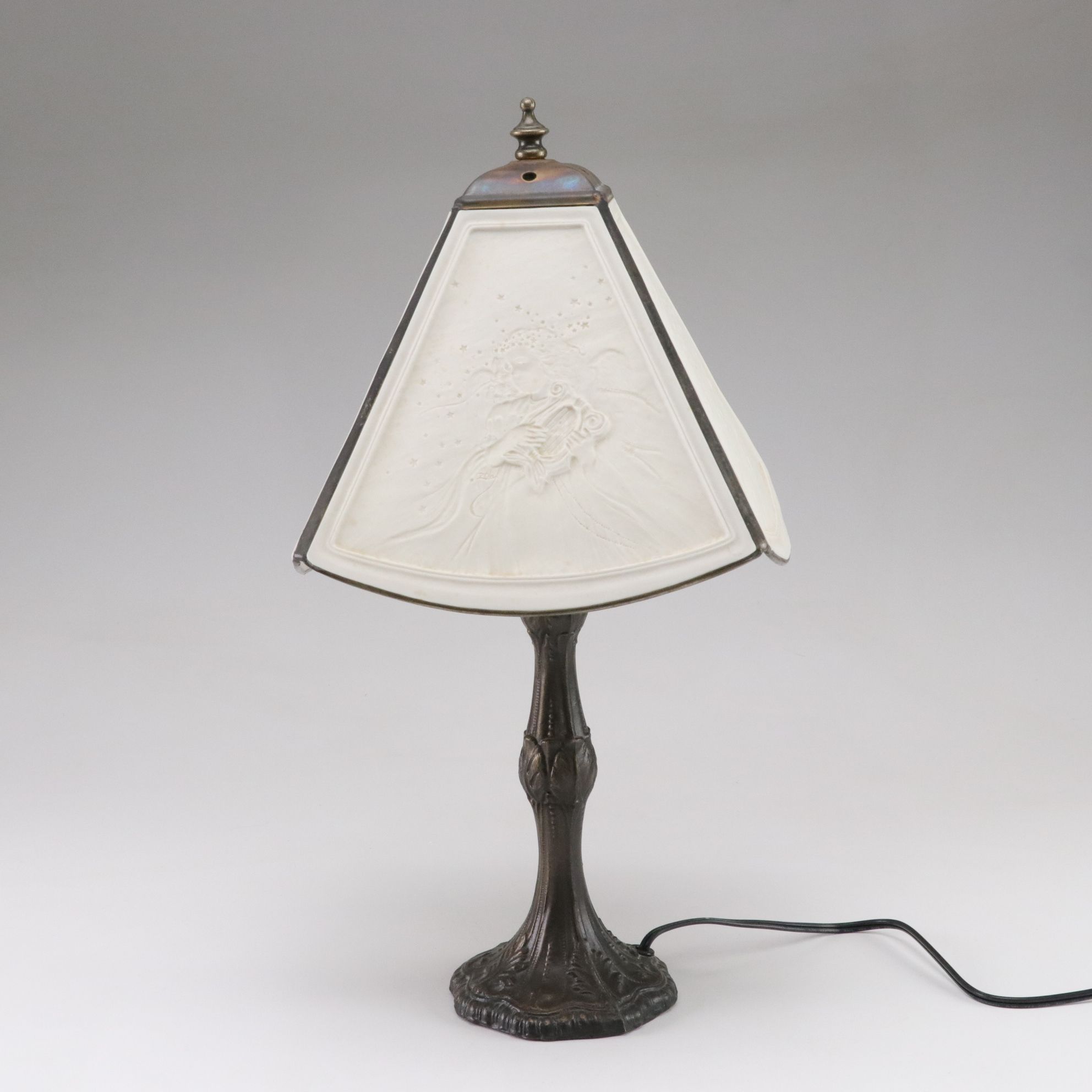 Art Nouveau Style Metal Table Lamp With Zolan Fine Arts Textured Optic Shade